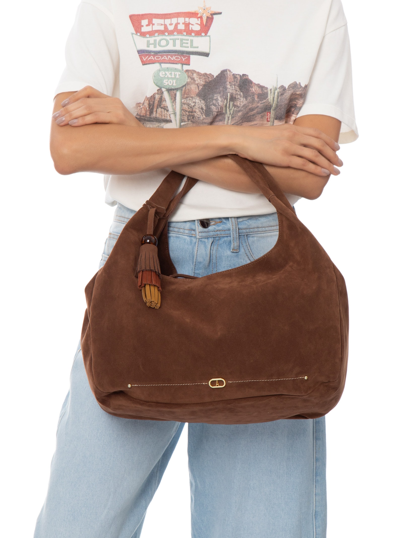 Bolsa Hobo Feminina  Grande Tassel Esfera Marrom Anacapri