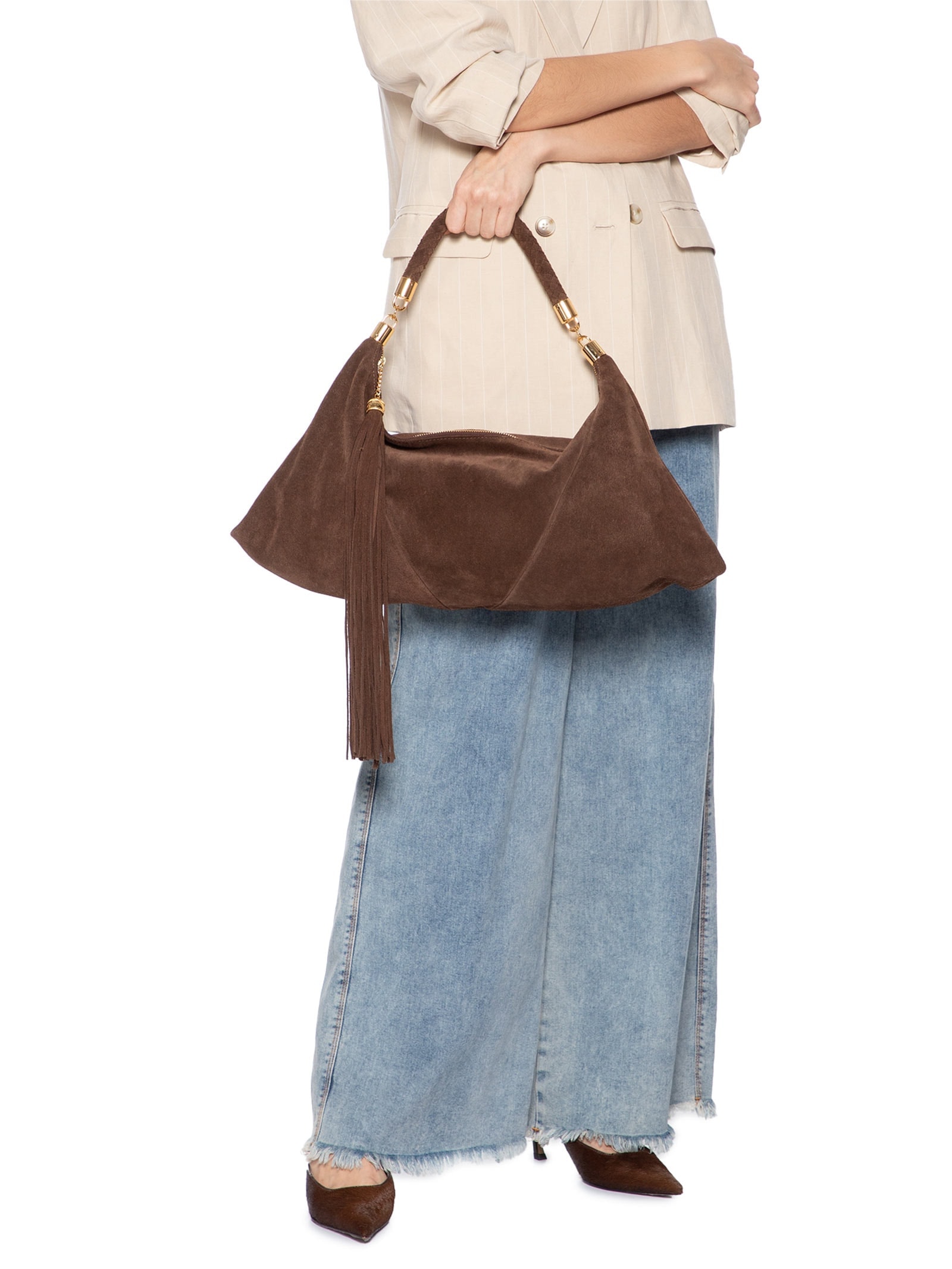 Bolsa Média Com Franjas E Alça Tramada Marrom Luiza Barcelos