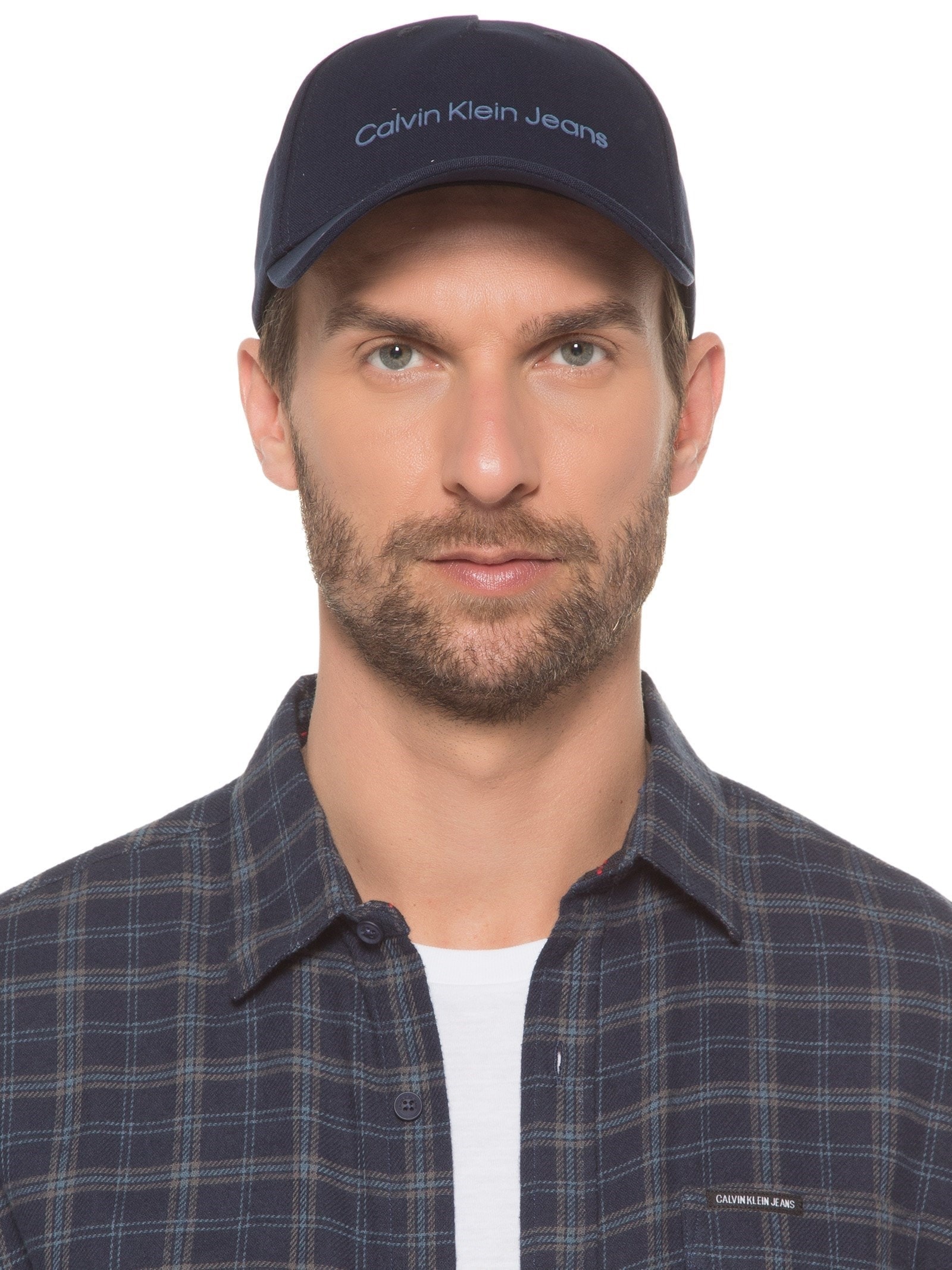 Boné Masculino Aba Curva 5 Gomos Sarja Logo Azul Calvin Klein Jeans