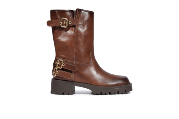 Bota Feminina Cano Médio Tratorada Couro - Marrom