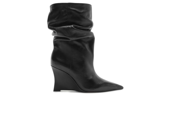 Bota Feminina Couro Salto Anabela Slouchy - Preto