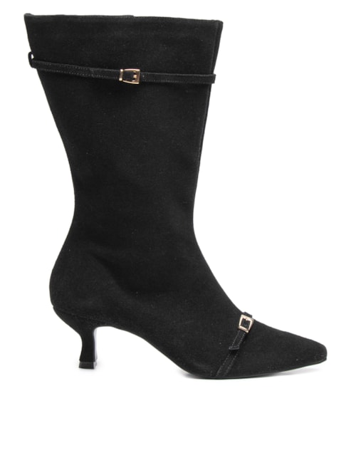 Bota Feminina Em Camurça Com Fivela – Preto