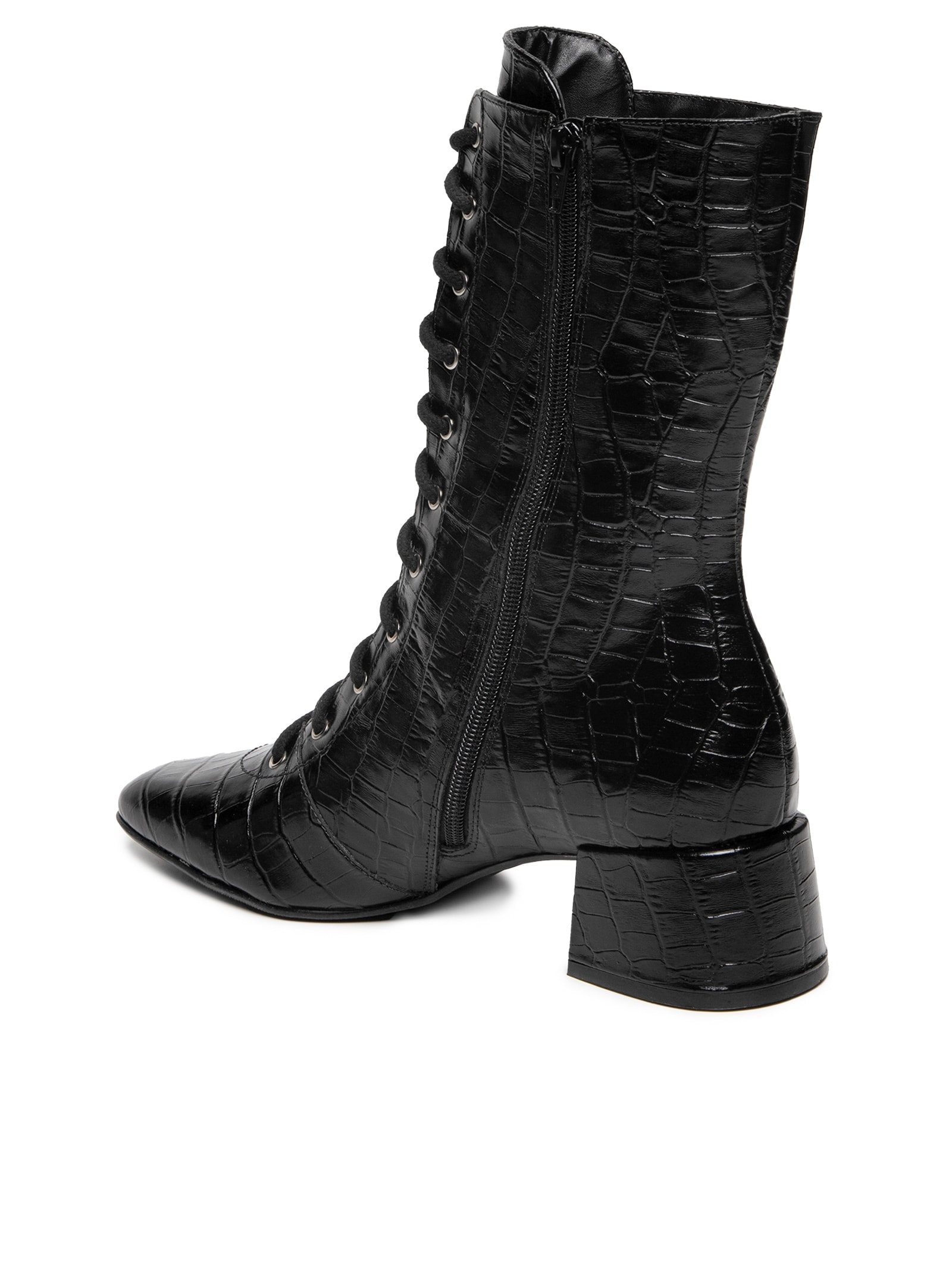 Bota Feminina Lace-up Em Couro Preto '2Essential