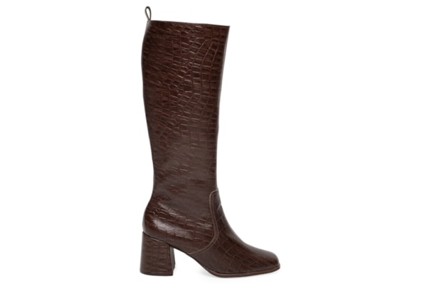 Bota Feminina Salto Bloco Em Couro - Marrom