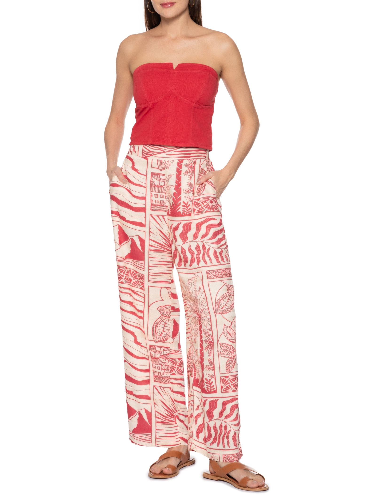 Calça Ampla Estampada Vermelho Cacay