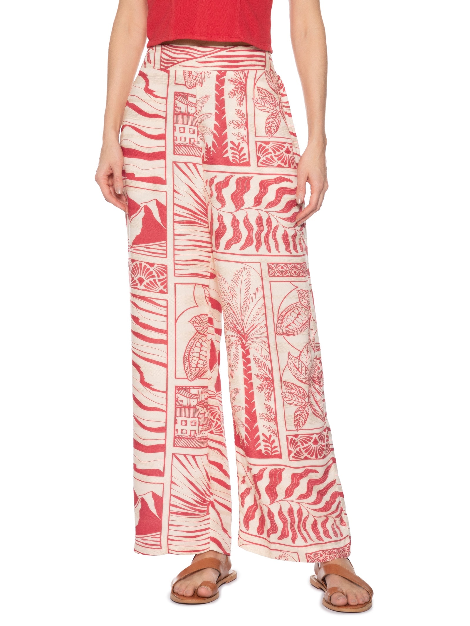 Calça Ampla Estampada Vermelho Cacay