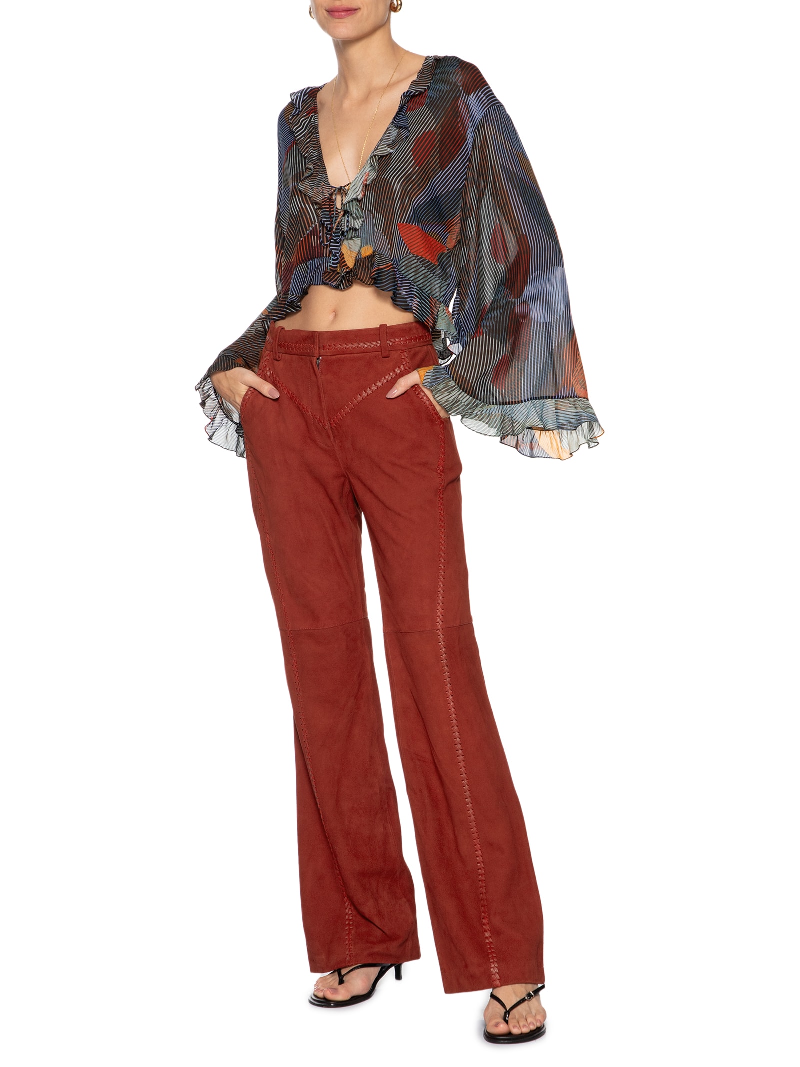Calça De Chamois Bordada Mini Flare Vermelho Animale