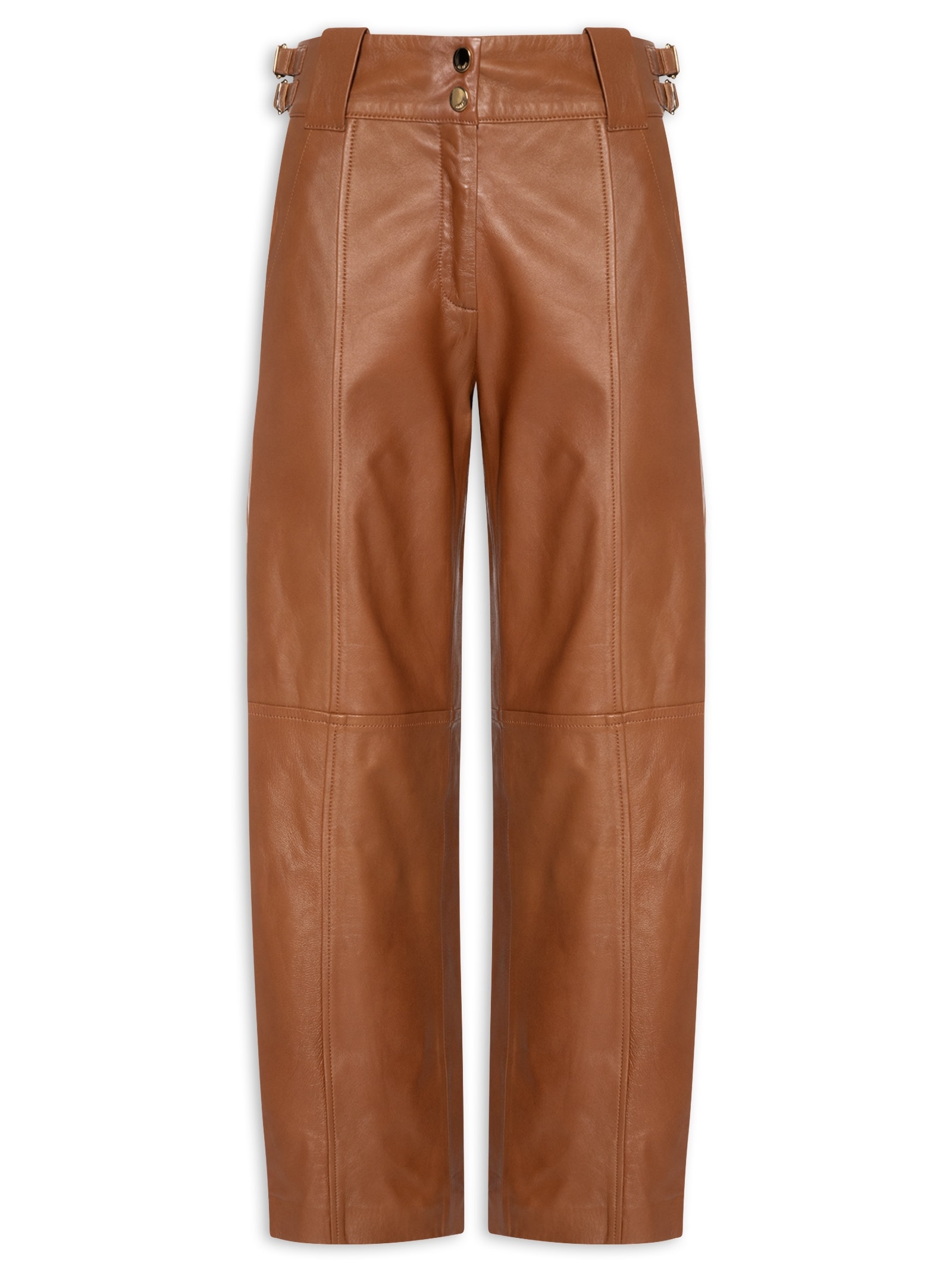 Calça De Couro Feminina Amplo Cós Fivelas Marrom Animale