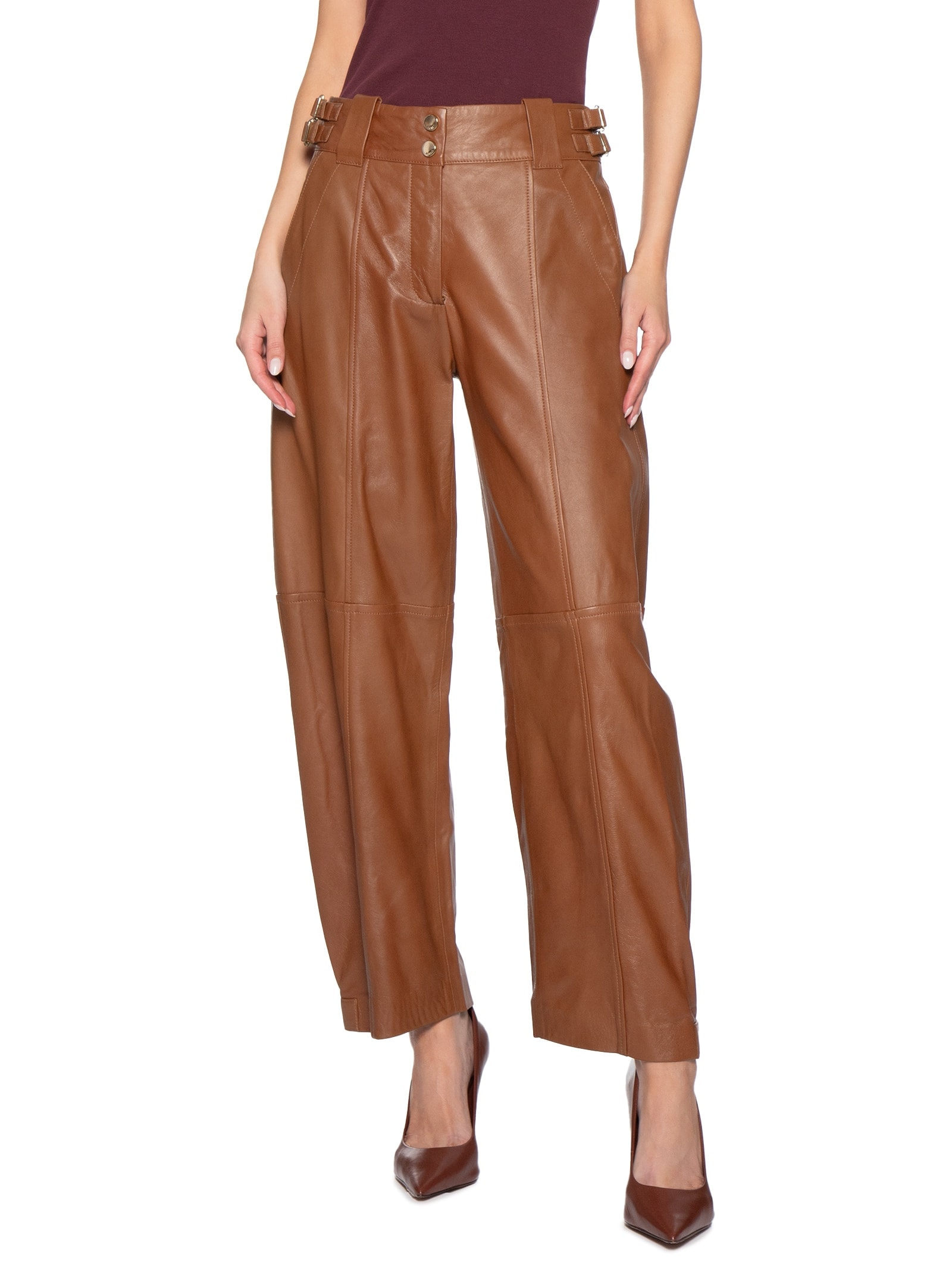 Calça De Couro Feminina Amplo Cós Fivelas Marrom Animale