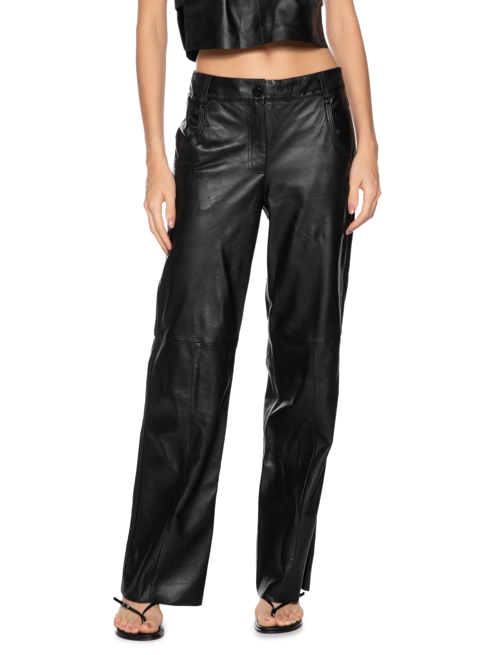 Calça De Couro Italiano Five Pockets Preto Animale