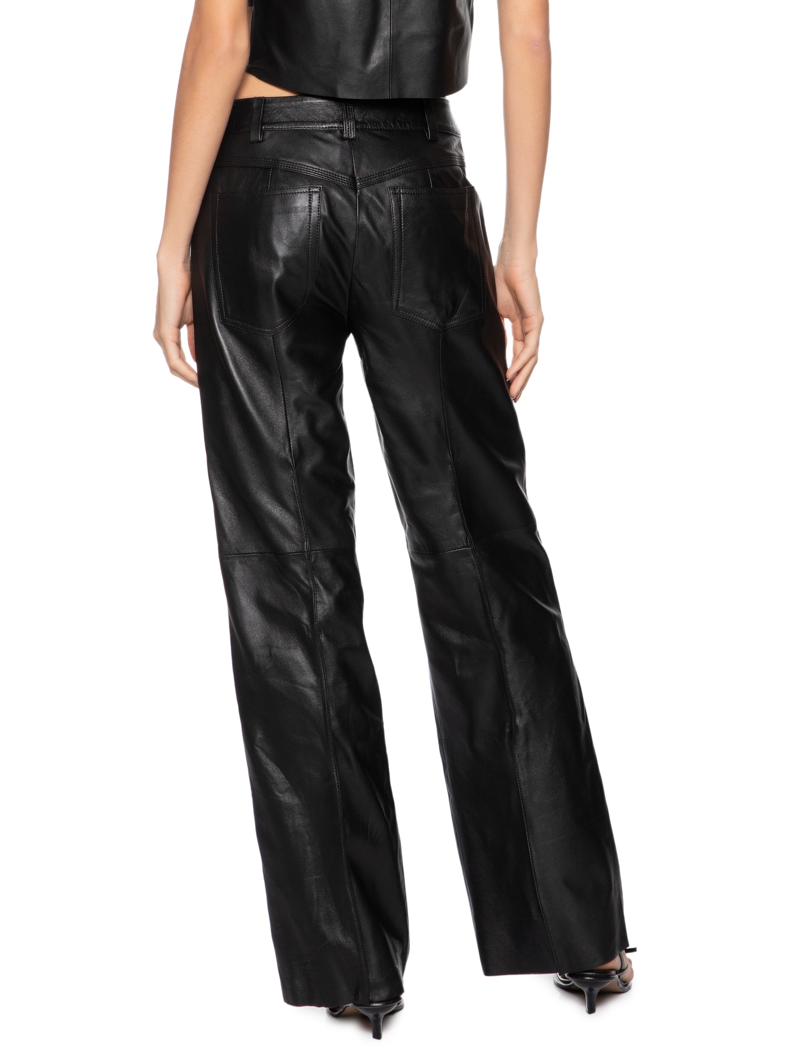 Calça De Couro Italiano Five Pockets Preto Animale