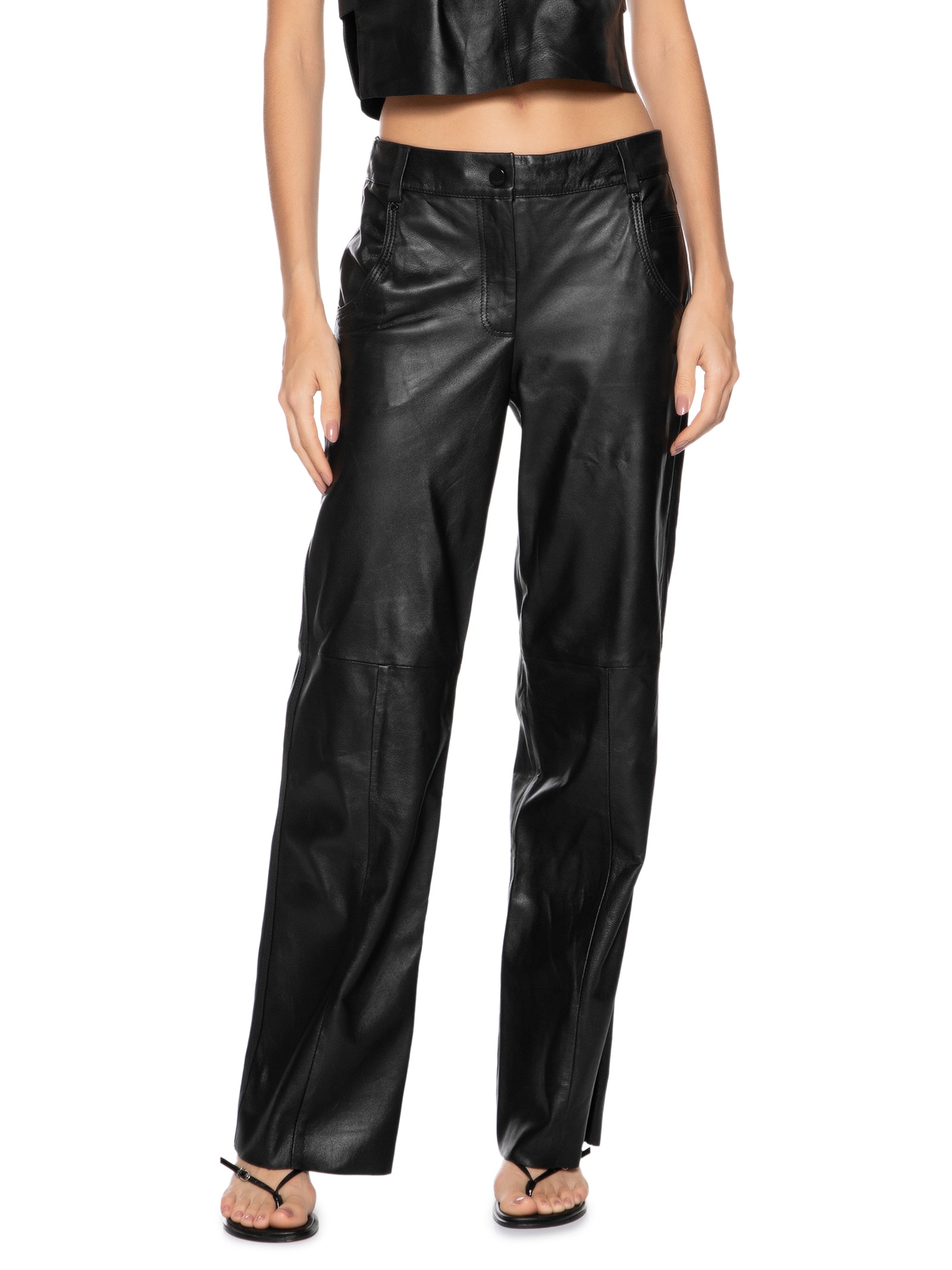 Calça De Couro Italiano Five Pockets Preto Animale