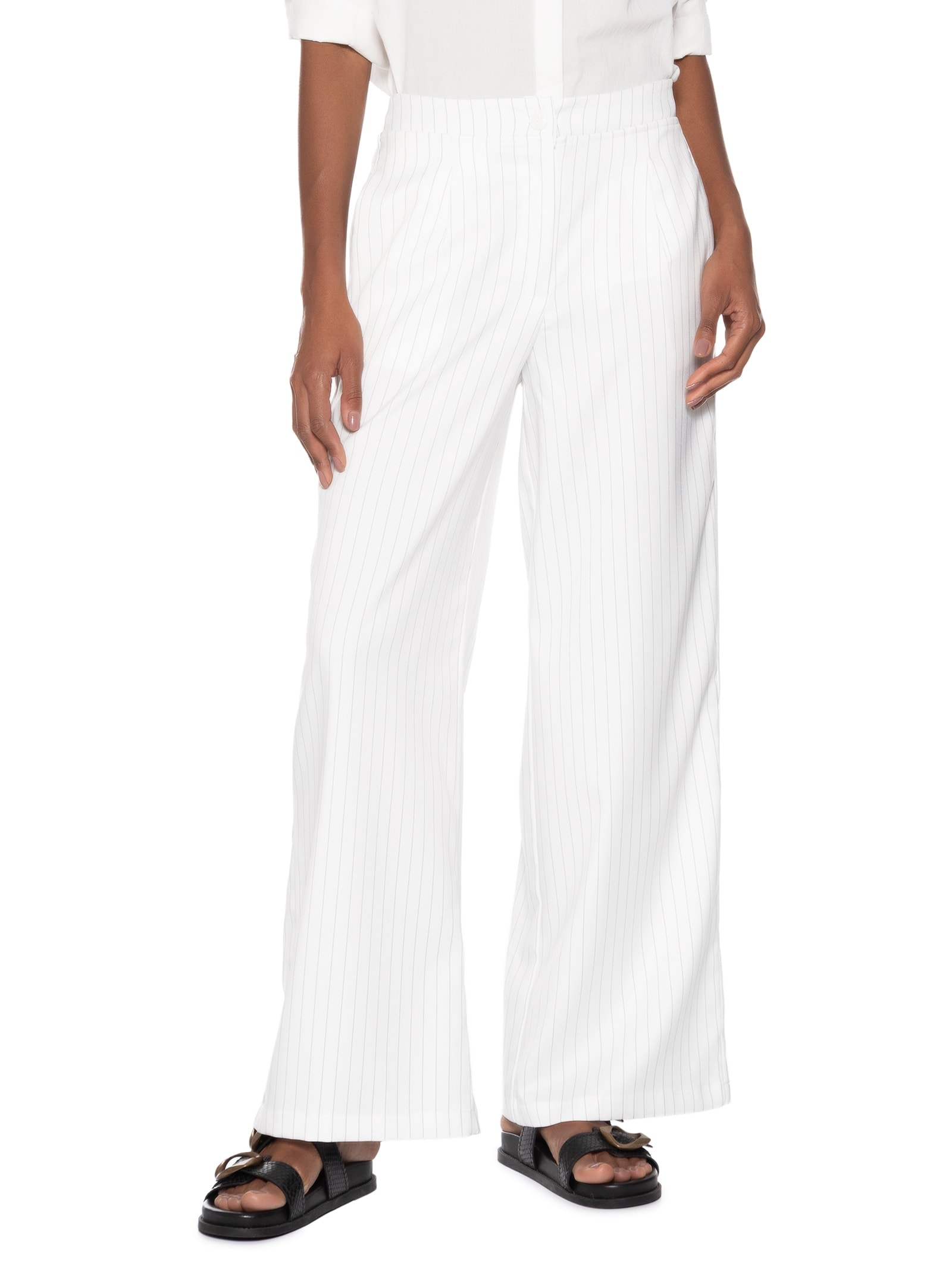 Calça Feminina Alfaiataria Risca De Giz Branco Basiq