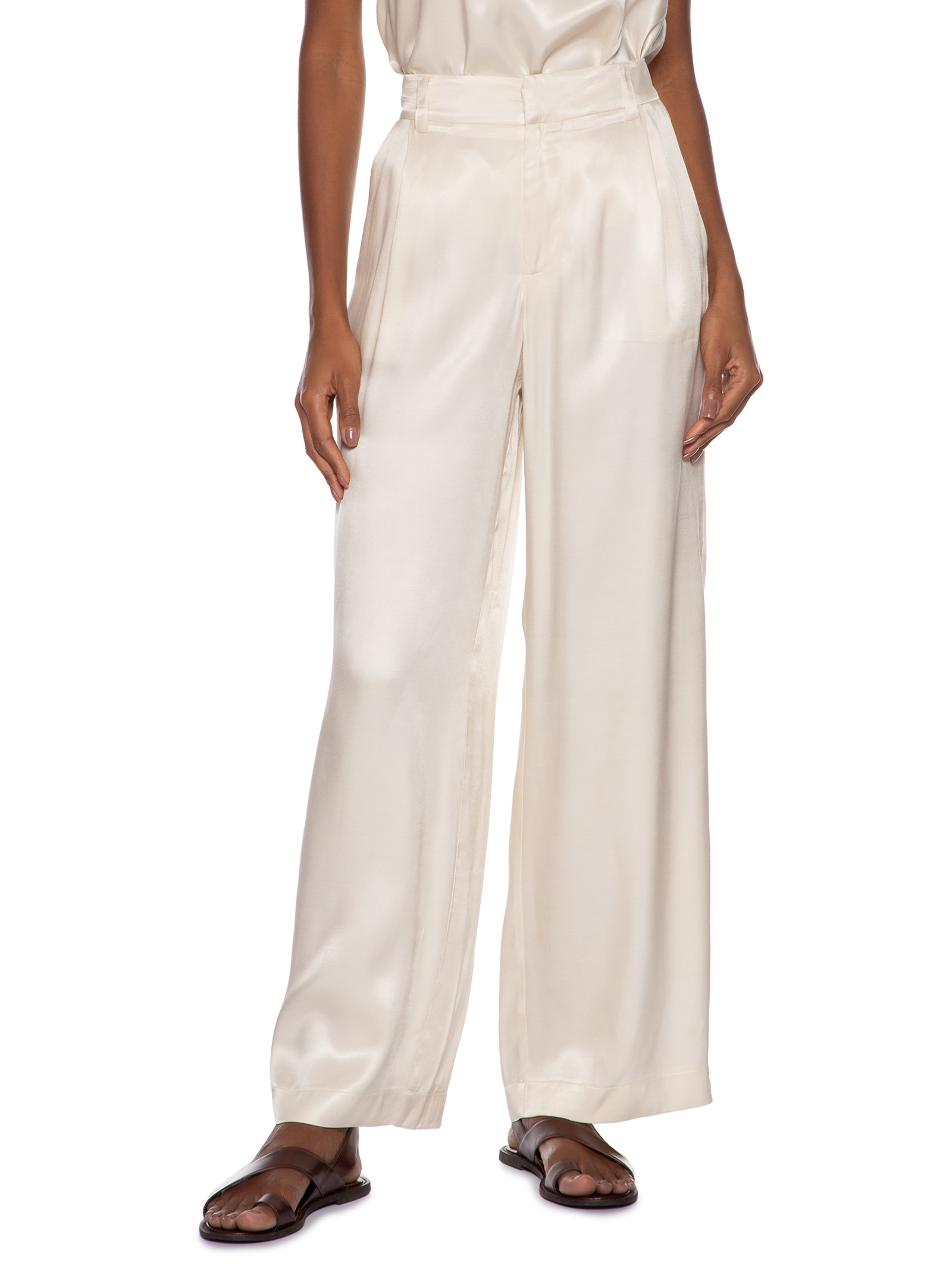 Calça Feminina Alfaiataria Viscose Acetinada Glow Off White Cantão