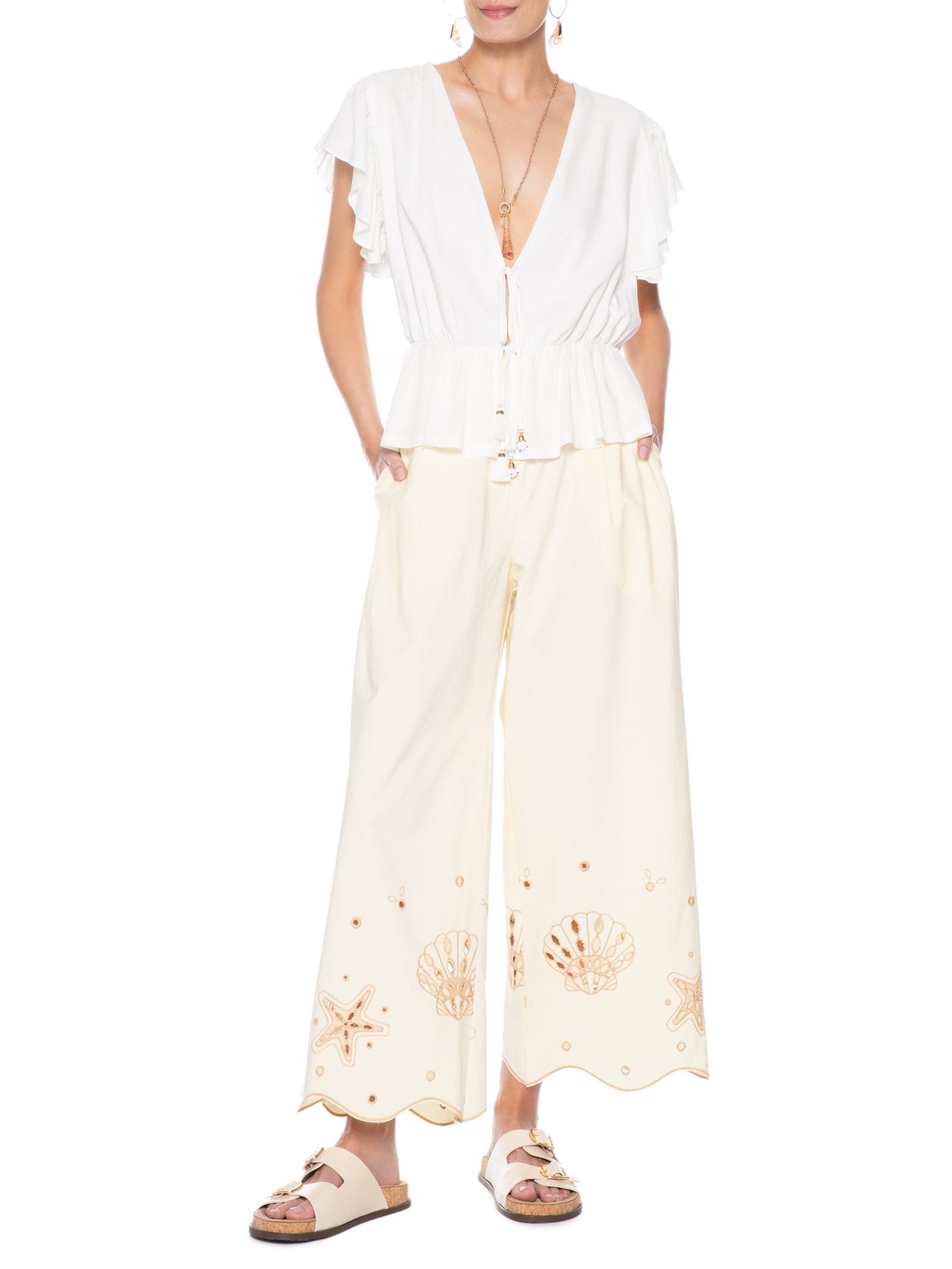 Calça Feminina Algodão Barrado Festone Off White Dress To