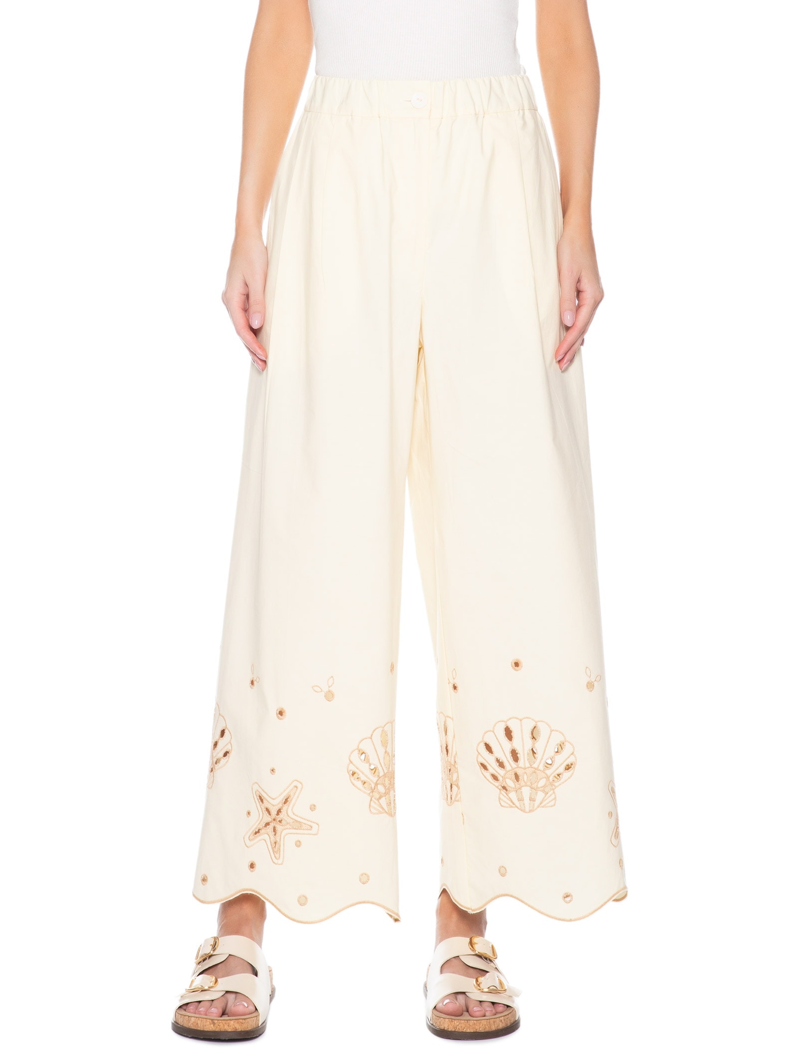 Calça Feminina Algodão Barrado Festone Off White Dress To