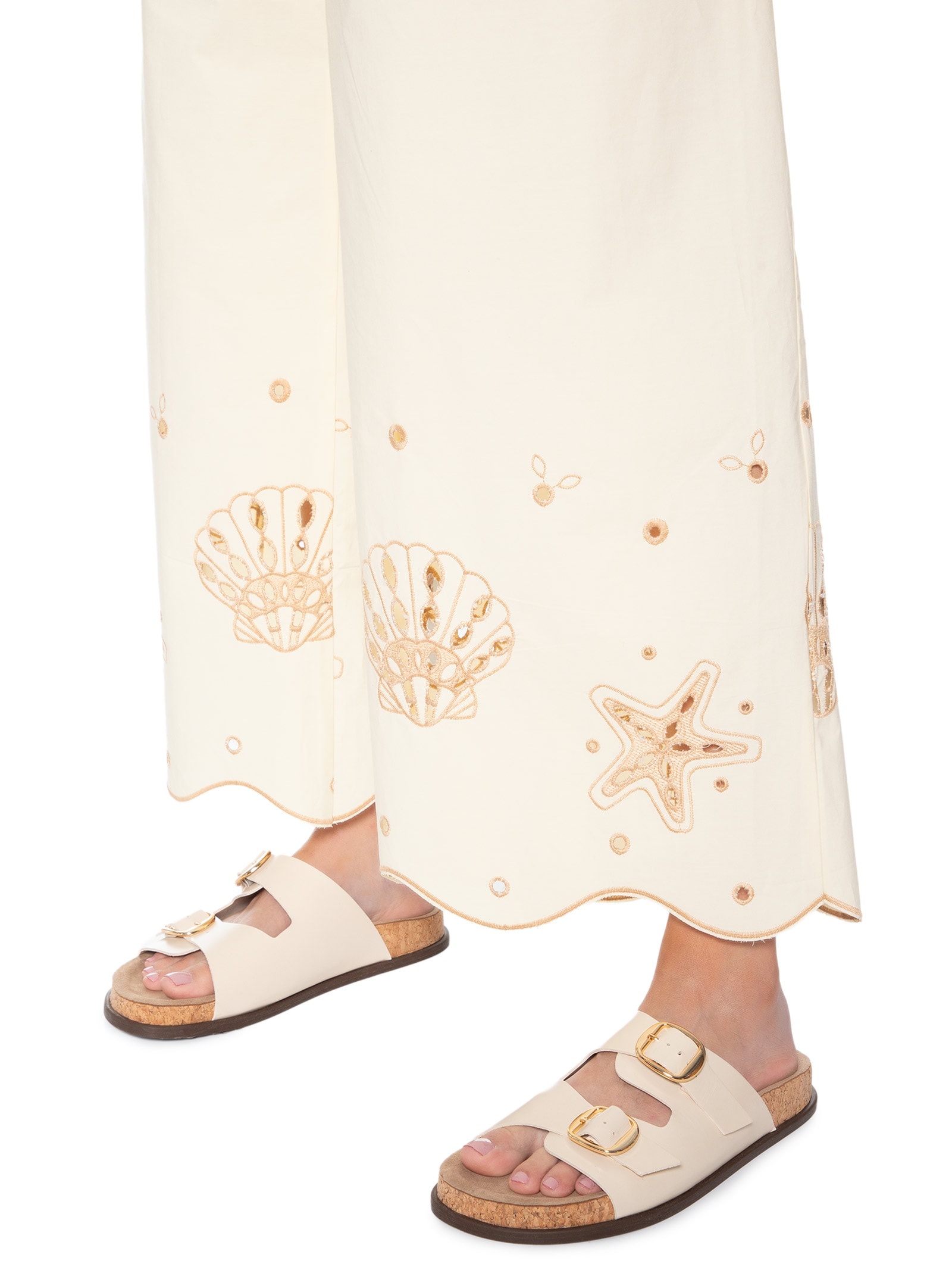 Calça Feminina Algodão Barrado Festone Off White Dress To