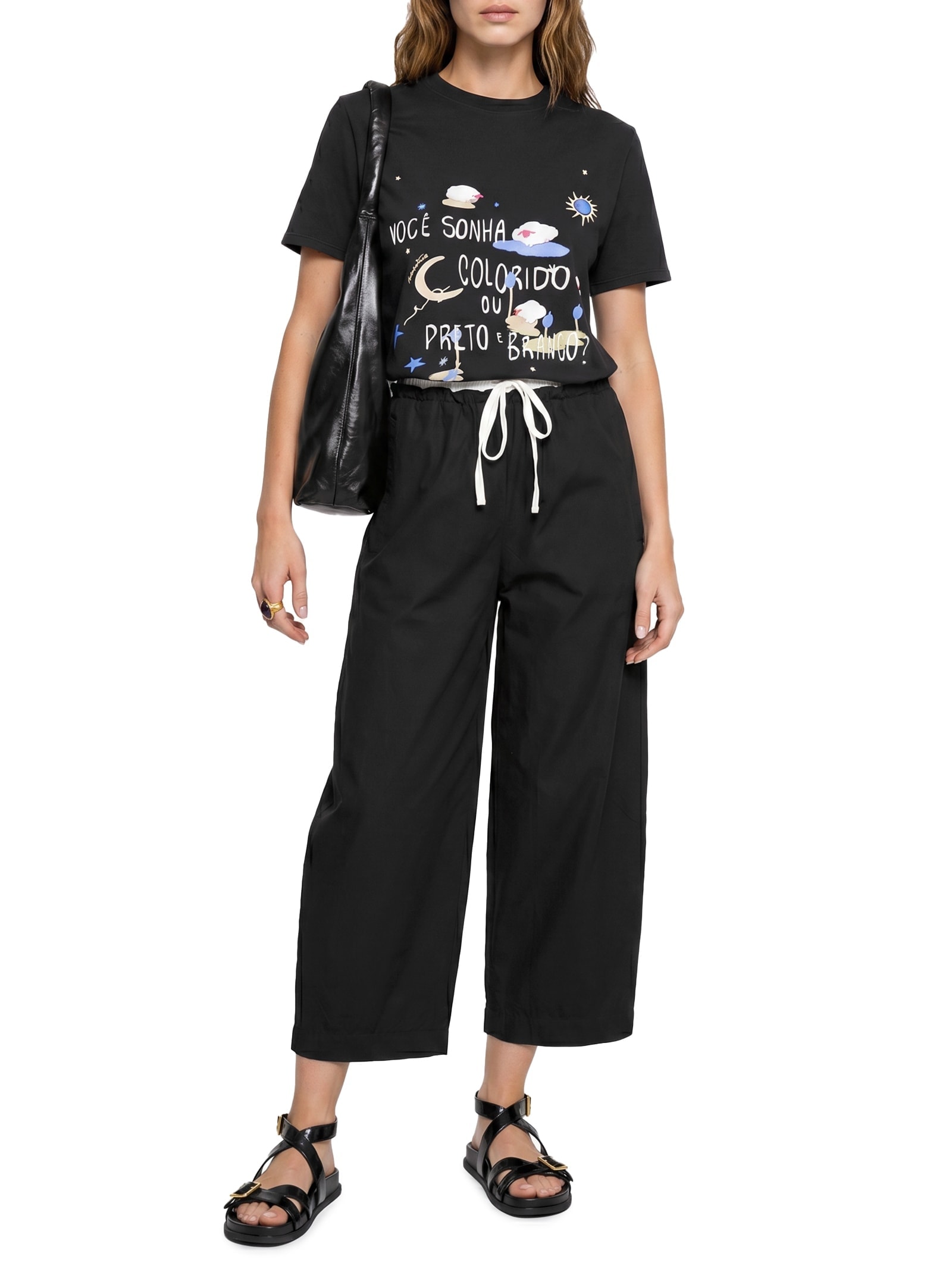 Calça Feminina Algodão Barrel Cós Duplo  Preto Cantão
