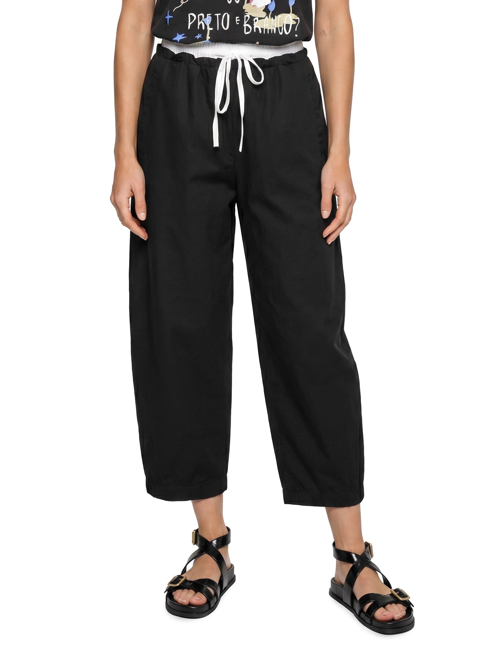 Calça Feminina Algodão Barrel Cós Duplo  Preto Cantão