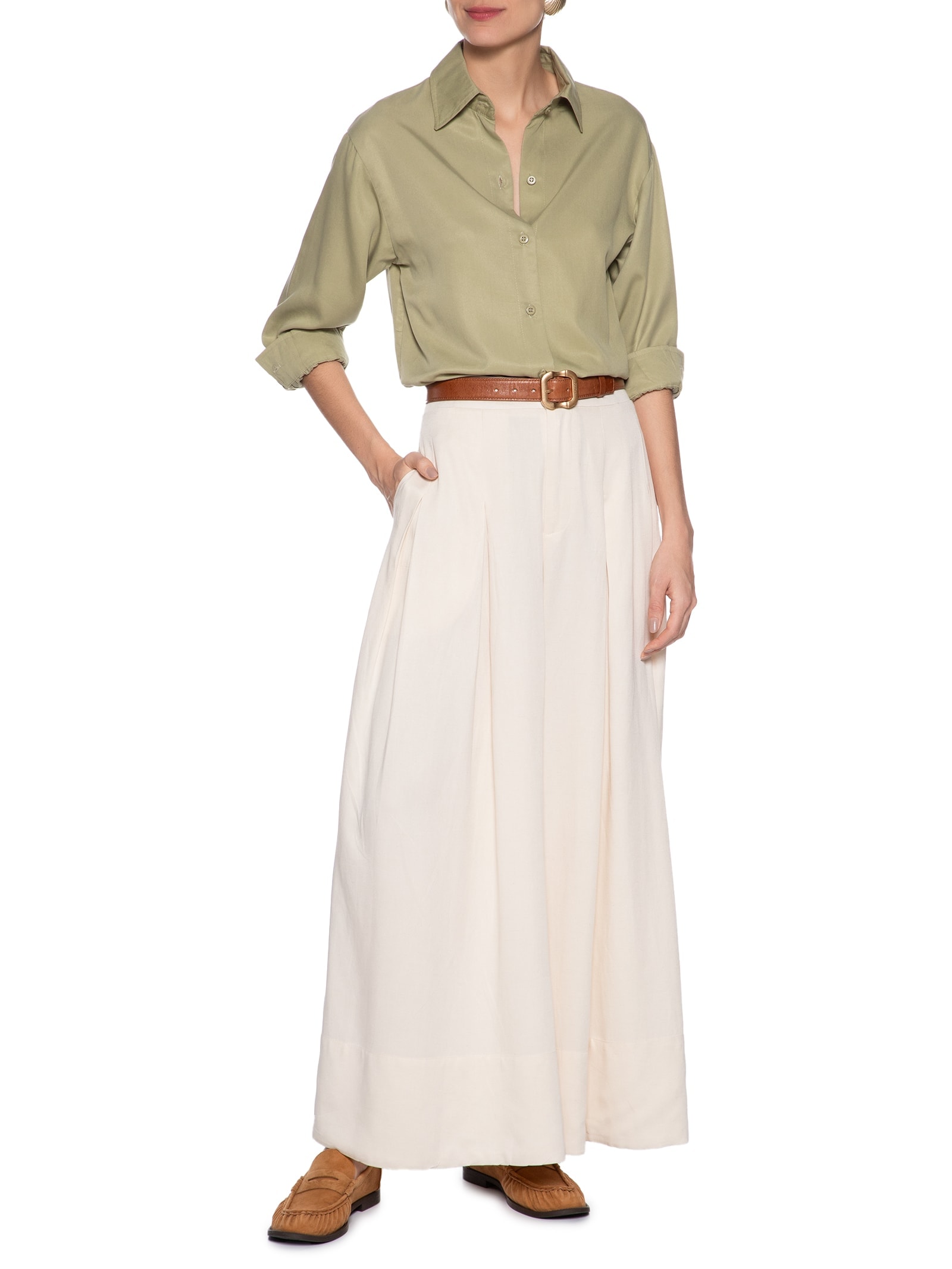 Calça Feminina Ampla Com Linho Off White Basiq