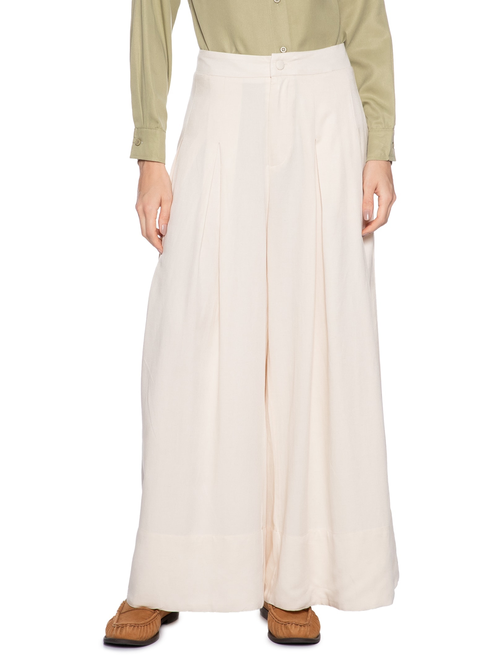 Calça Feminina Ampla Com Linho Off White Basiq