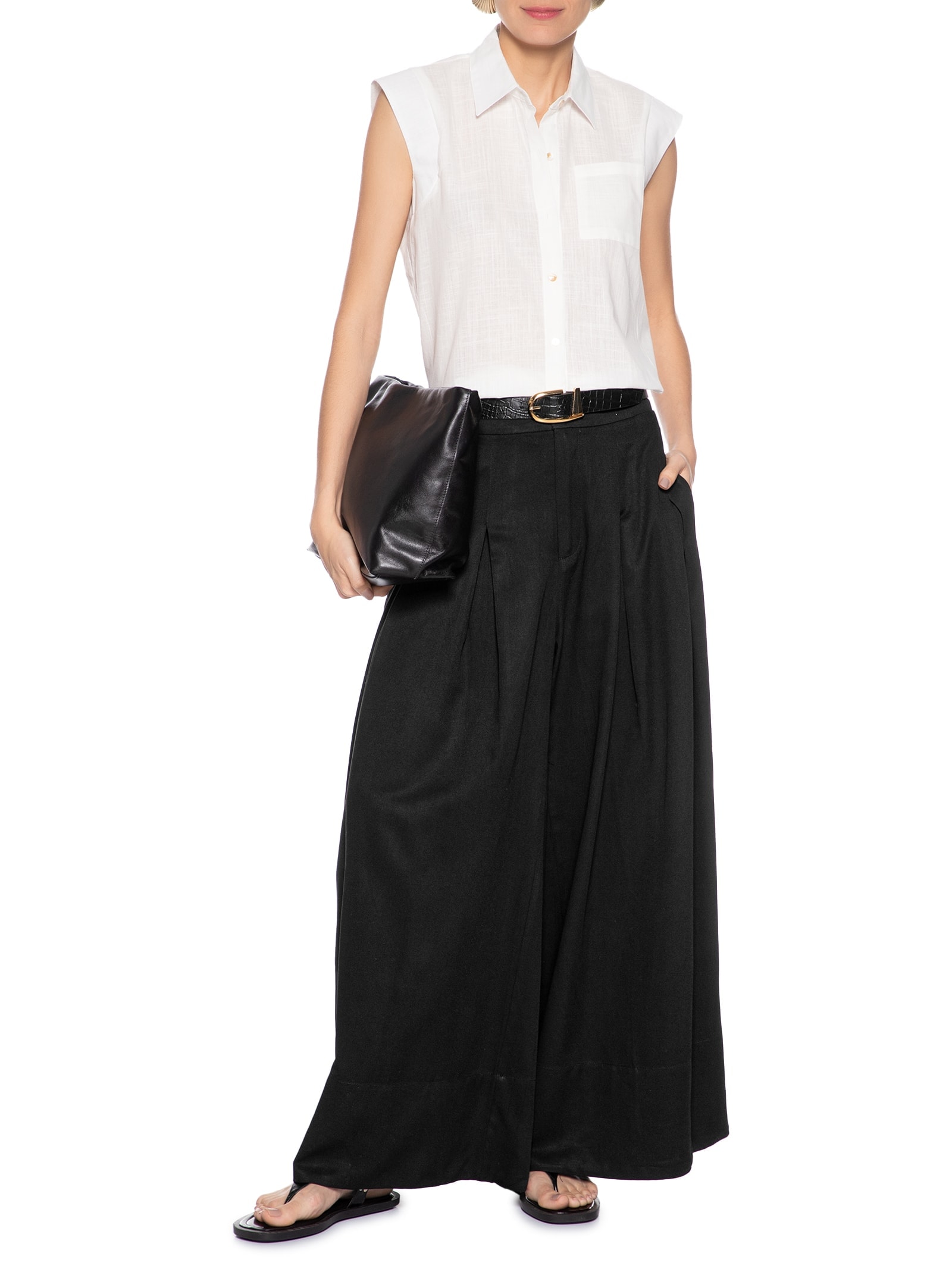 Calça Feminina Ampla Com Linho Preto Basiq