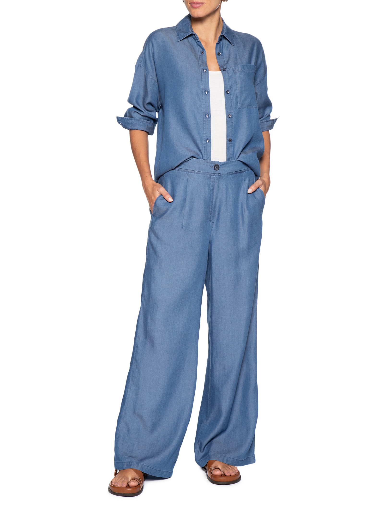 Calça Feminina Ampla Com Pregas Azul Basiq