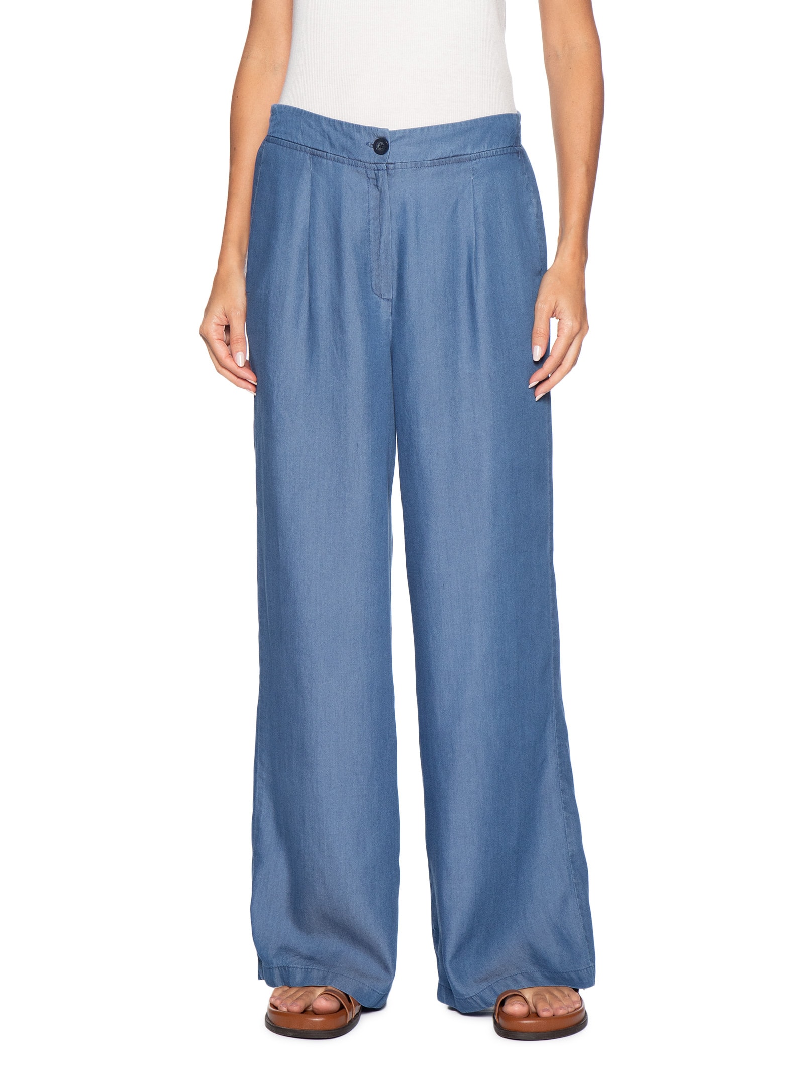 Calça Feminina Ampla Com Pregas Azul Basiq