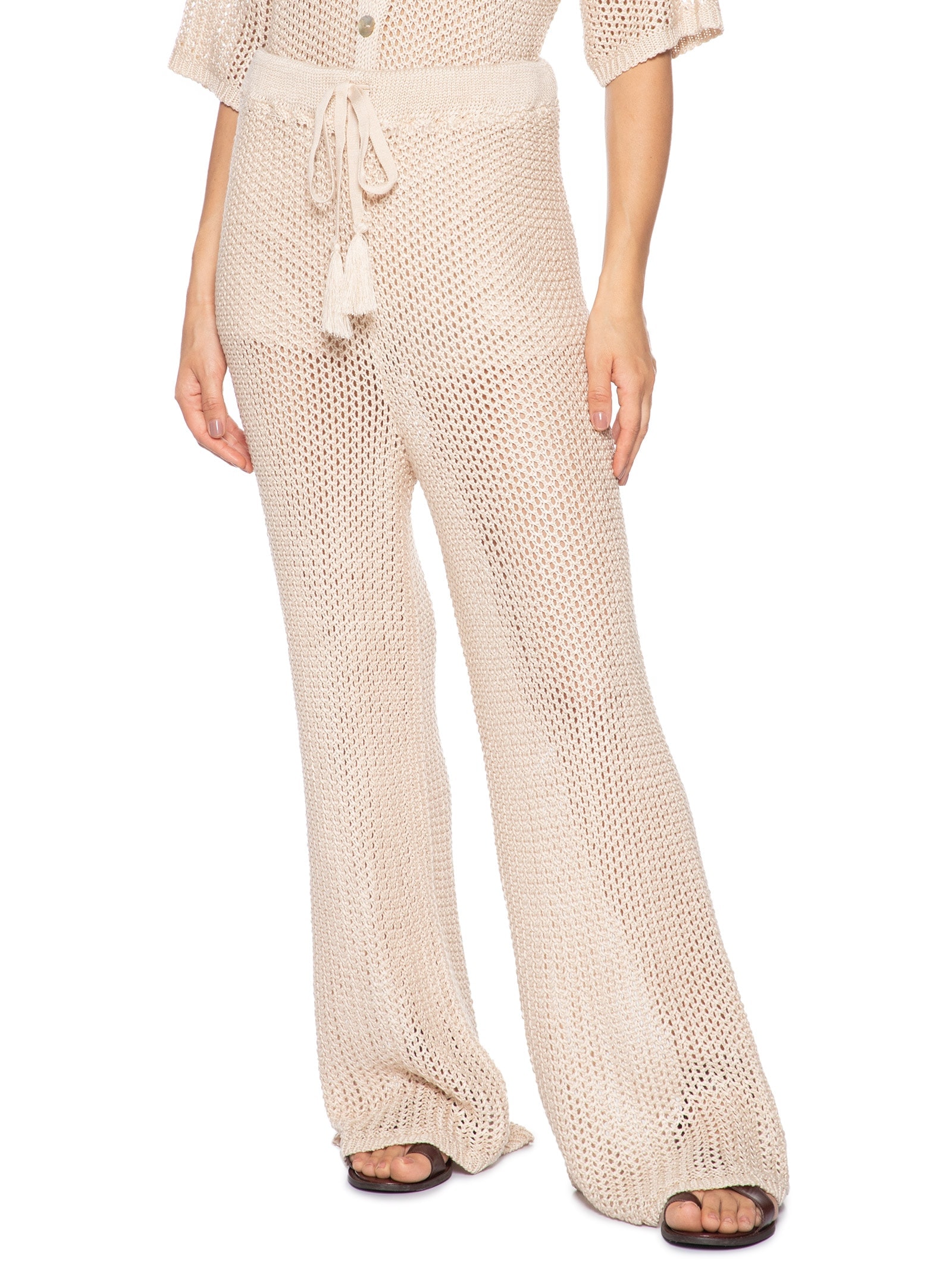 Calça Feminina Ampla Rendada Tricot Bege Cacay