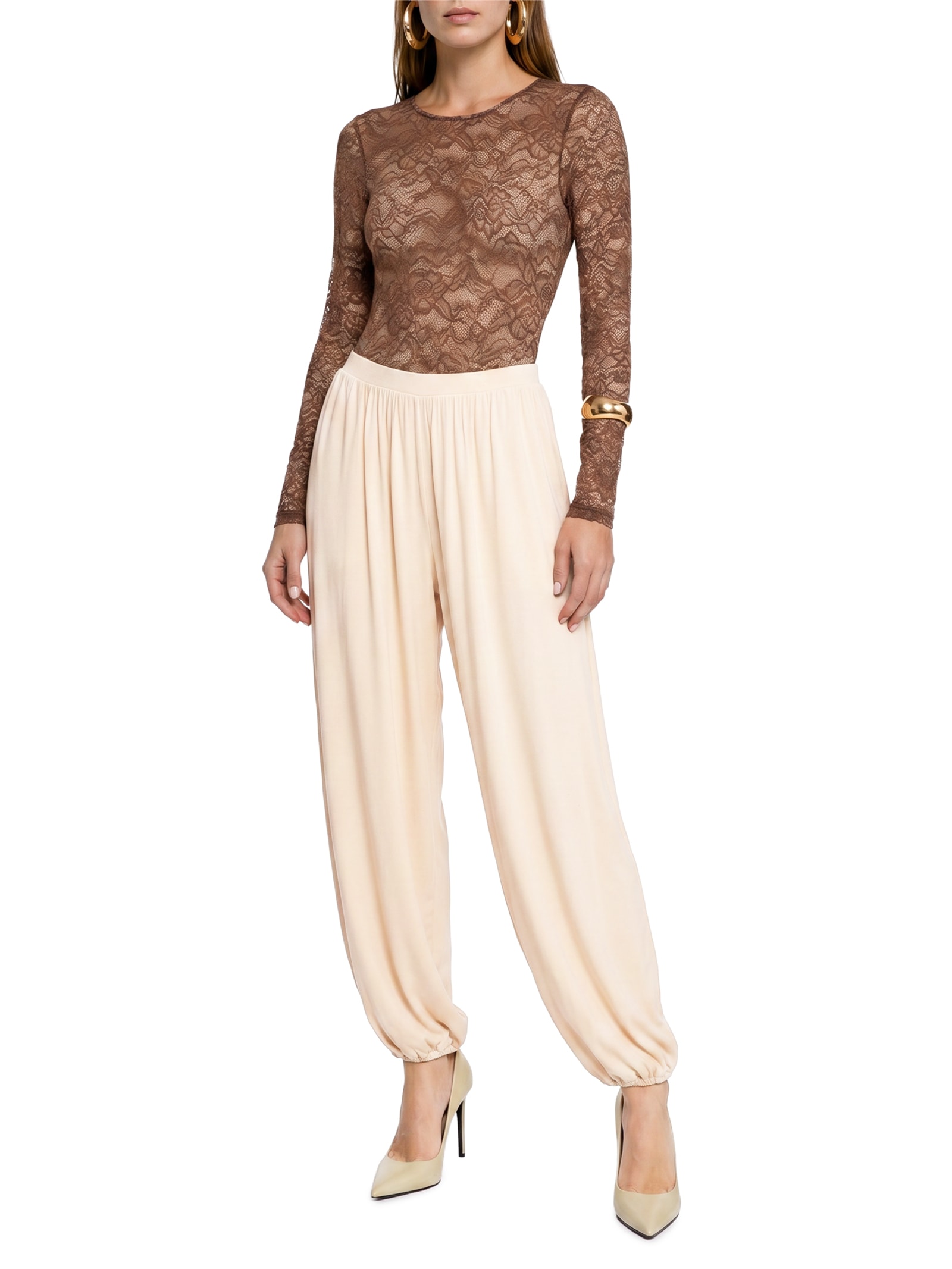 Calça Feminina Ballon Cintura Alta De Malha Leve Bege Lança Perfume