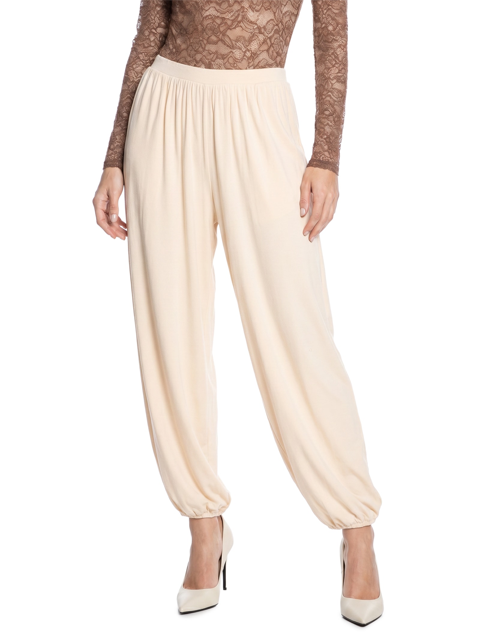 Calça Feminina Ballon Cintura Alta De Malha Leve Bege Lança Perfume