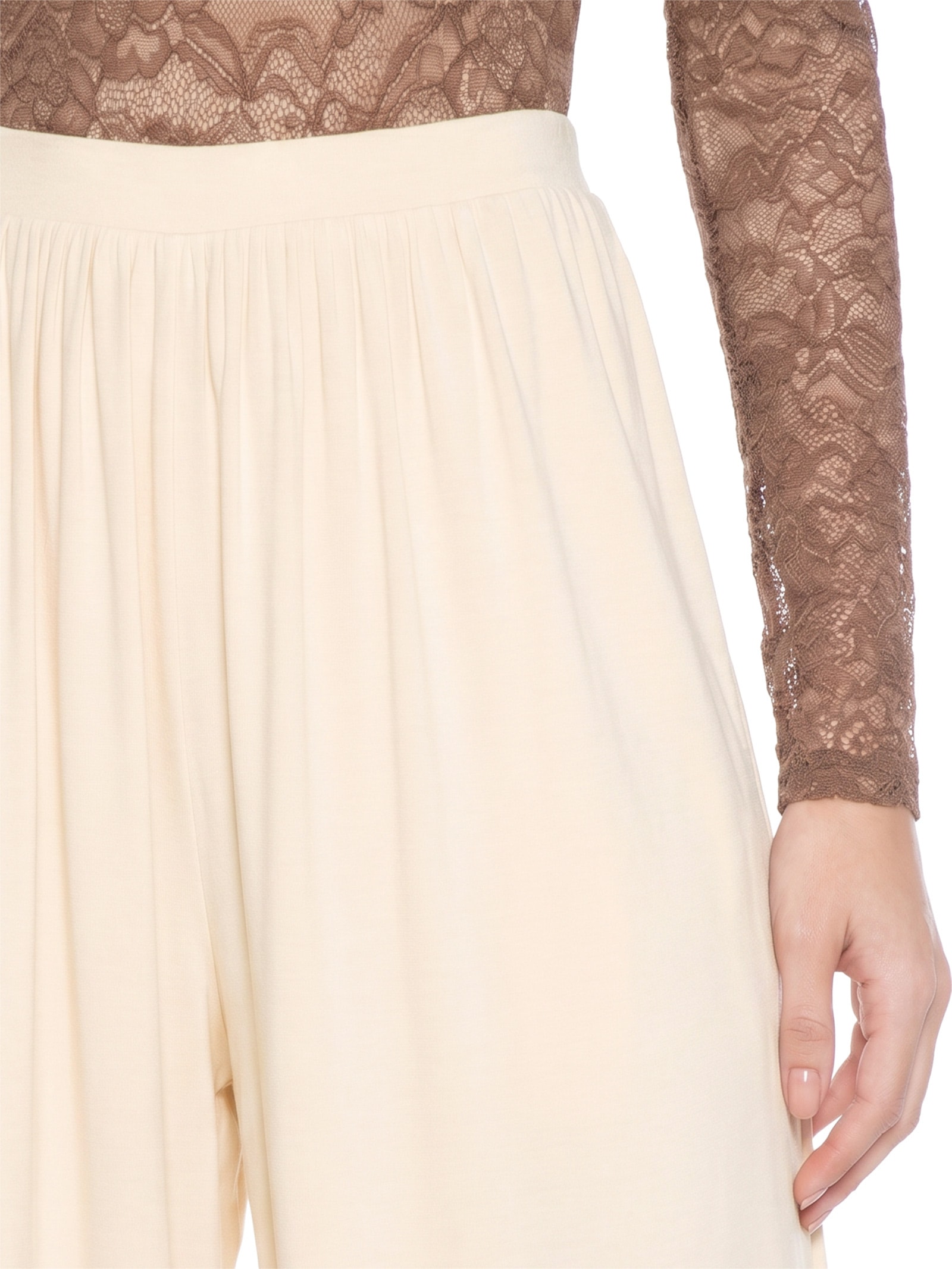 Calça Feminina Ballon Cintura Alta De Malha Leve Bege Lança Perfume