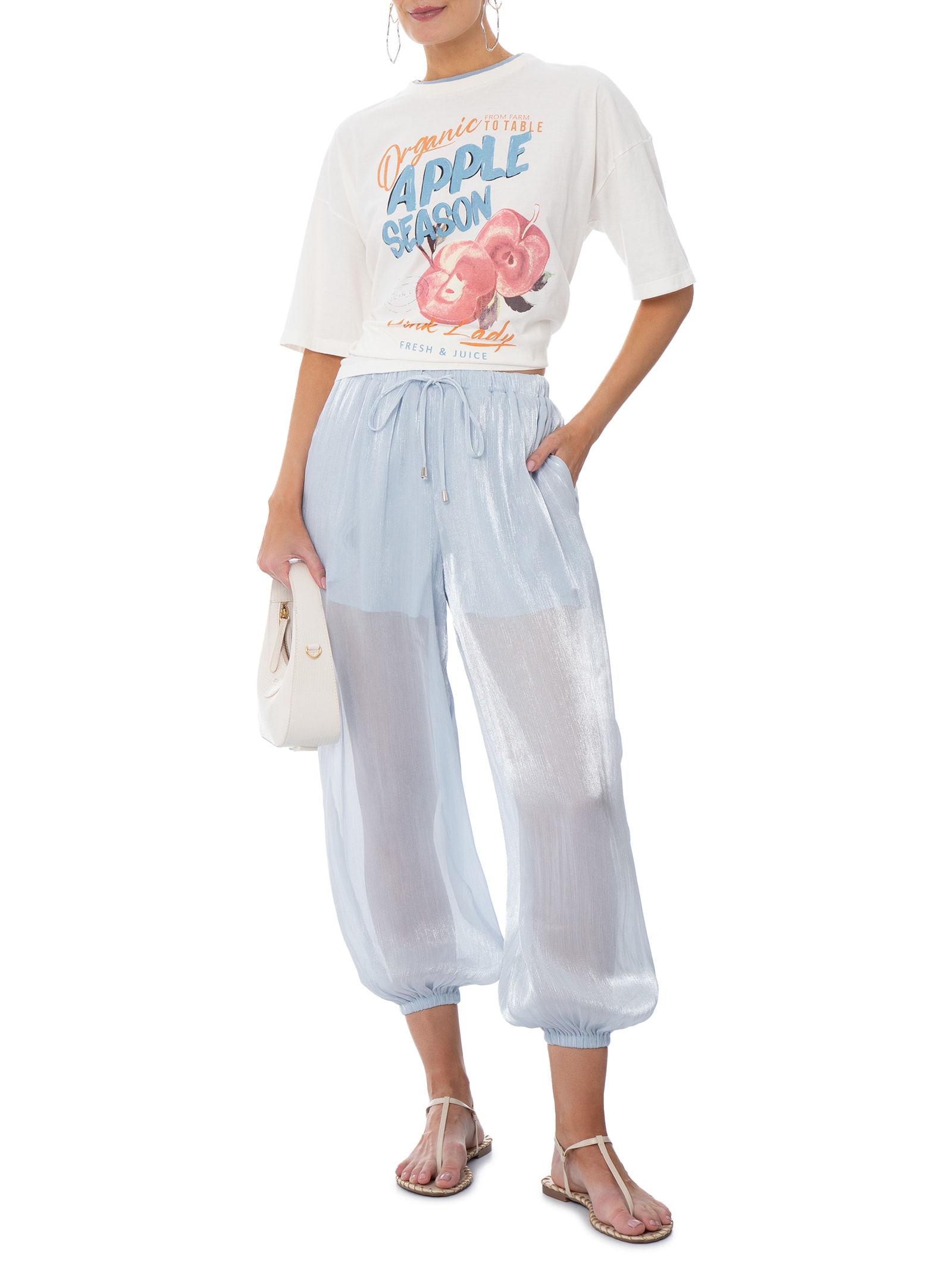 Calça Feminina Balloon Com Fecho De Amarração Azul Market 33