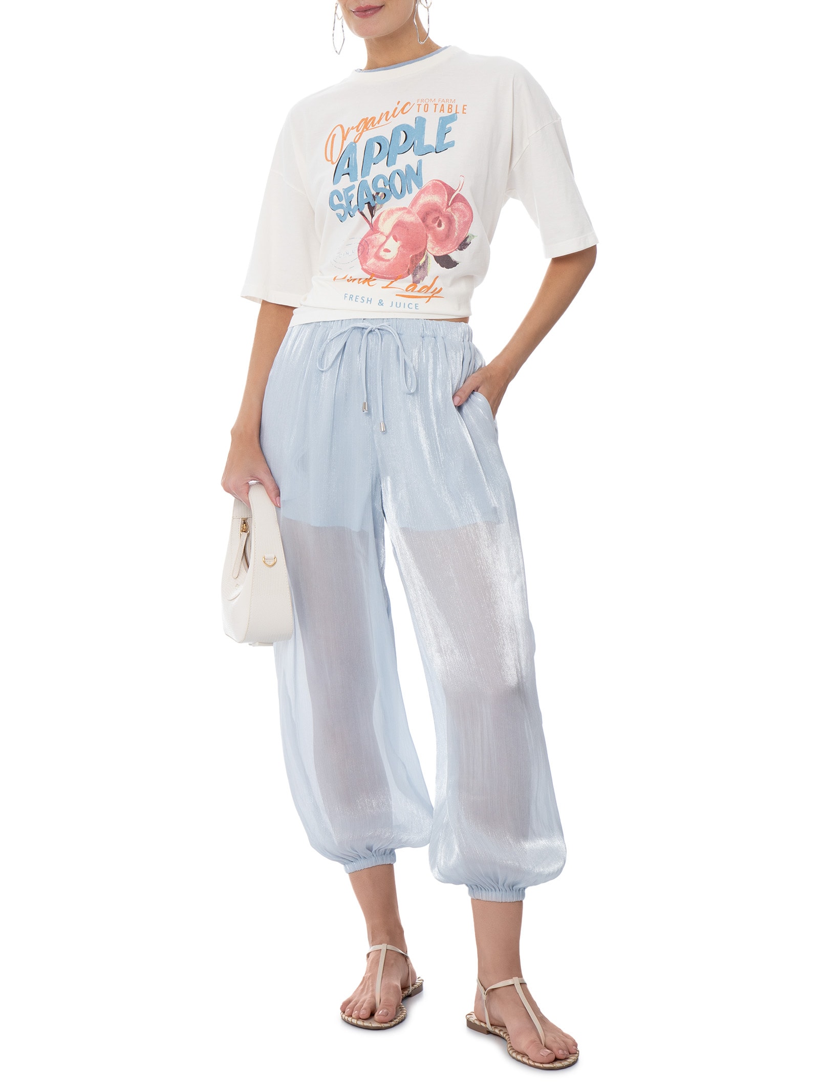 Calça Feminina Balloon Com Fecho De Amarração Azul Market 33