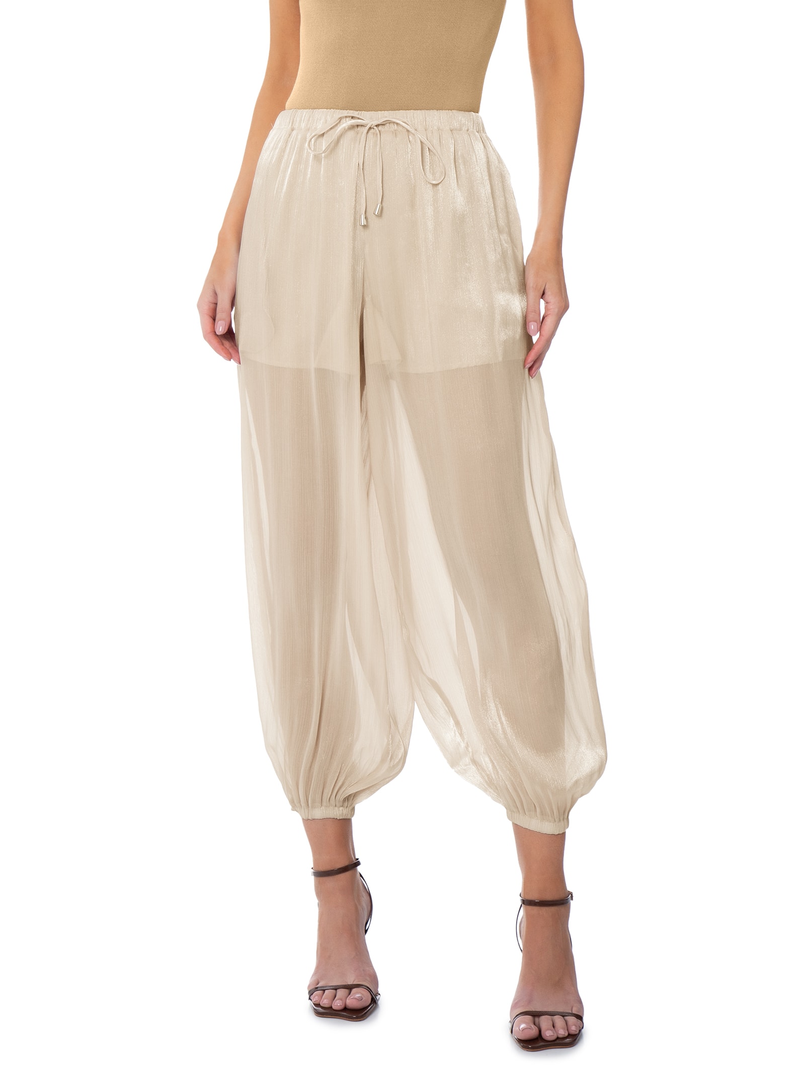 Calça Feminina Balloon Com Fecho De Amarração Bege Market 33
