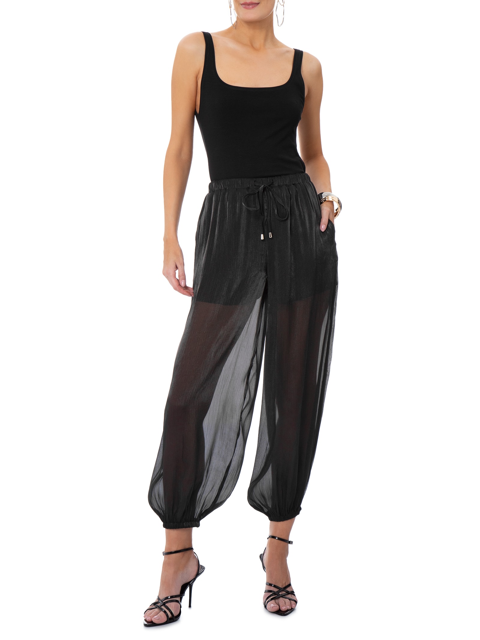Calça Feminina Balloon Com Fecho De Amarração Preto Market 33