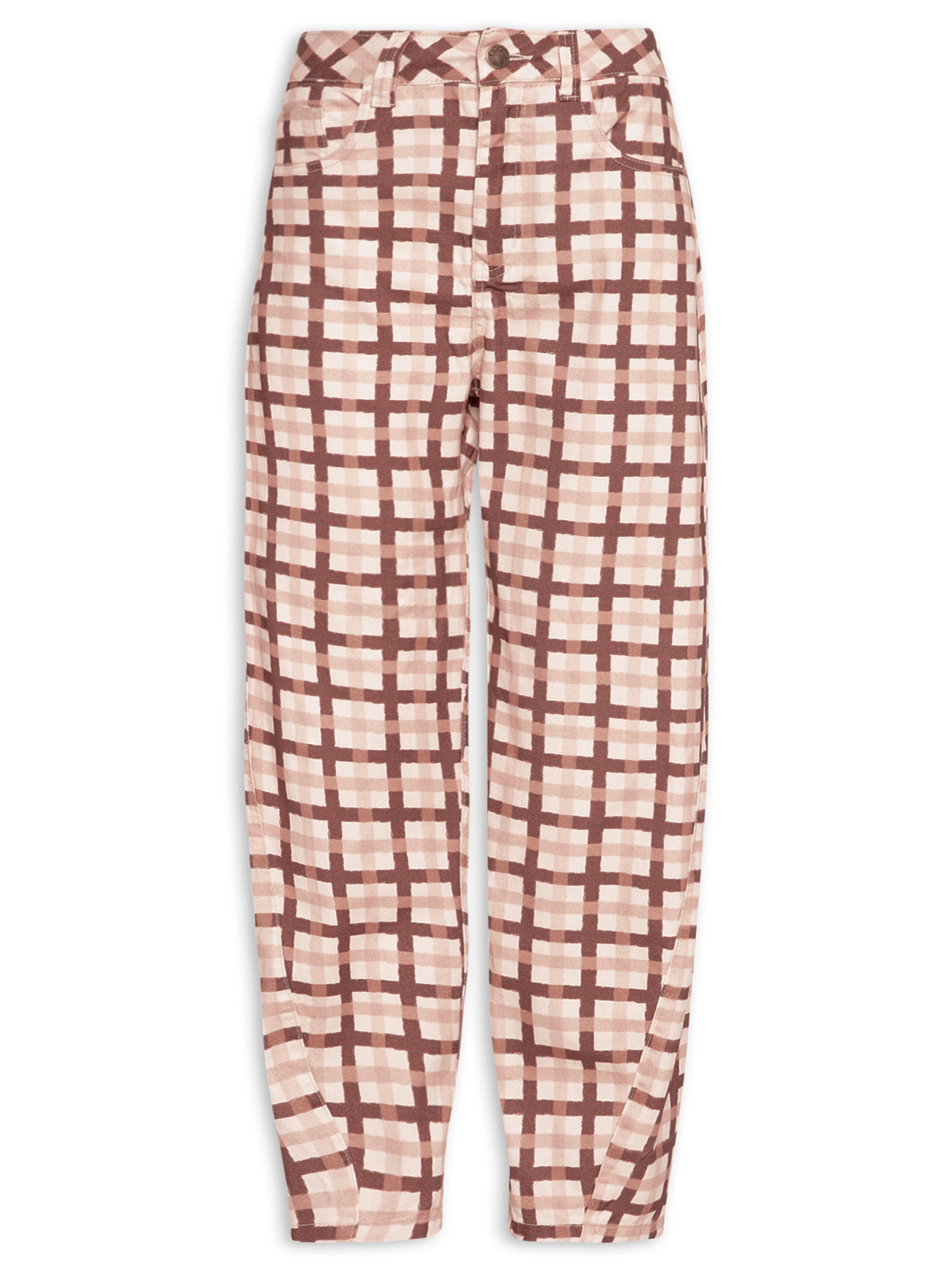 Calça Feminina Barrel Sarja Estampada Marrom Cacay