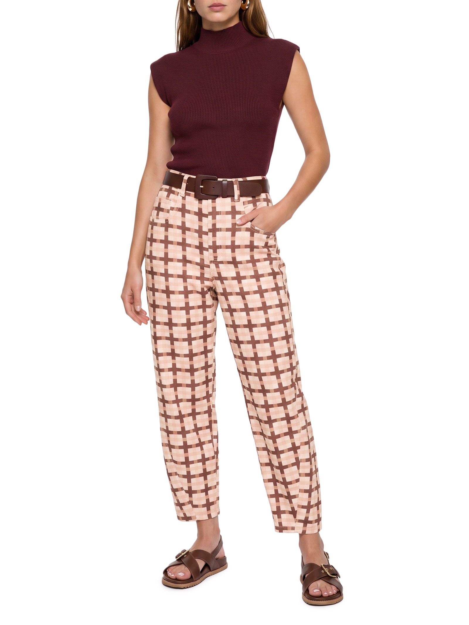 Calça Feminina Barrel Sarja Estampada Marrom Cacay