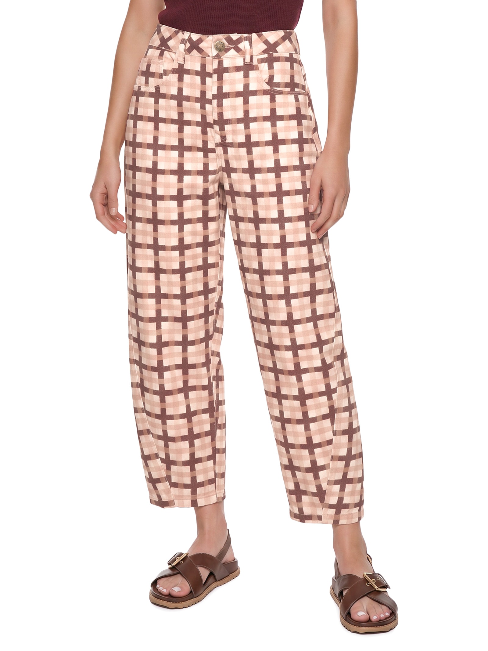 Calça Feminina Barrel Sarja Estampada Marrom Cacay