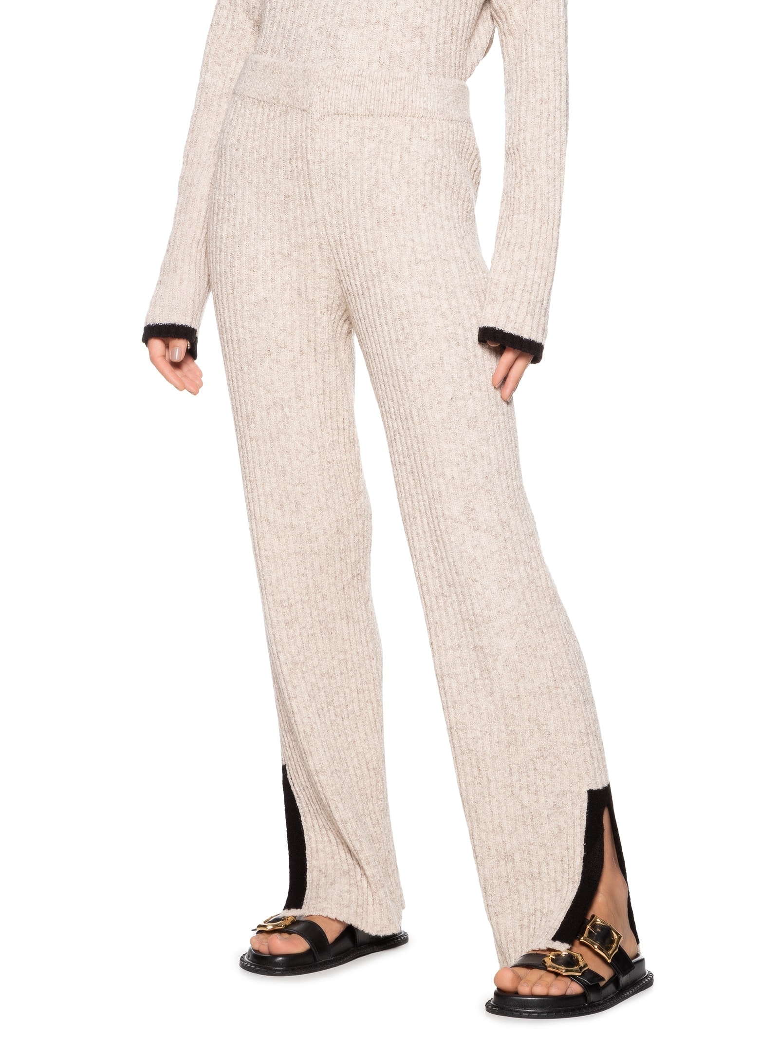 Calça Feminina Bicolor Detalhe Tricot Bege Cacay