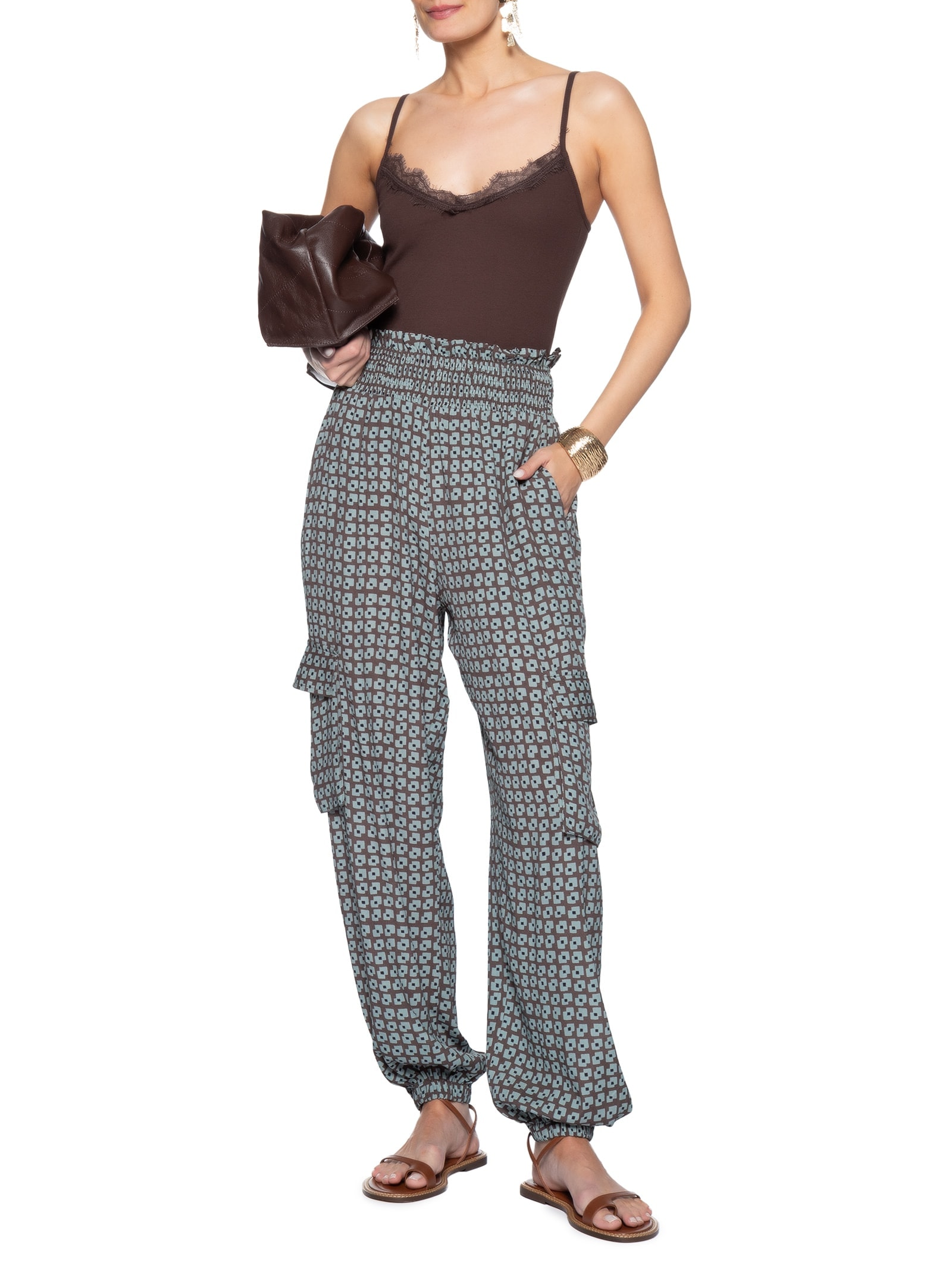 Calça Feminina Bolso Lateral Geo Flow Náutico Marrom Animale