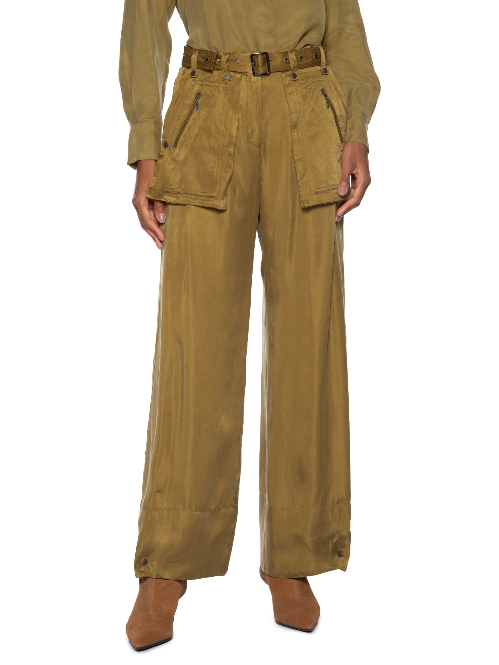 Calça Feminina Bolsos De Cupro Antique Com Cinto Em Ilhós Verde Animale