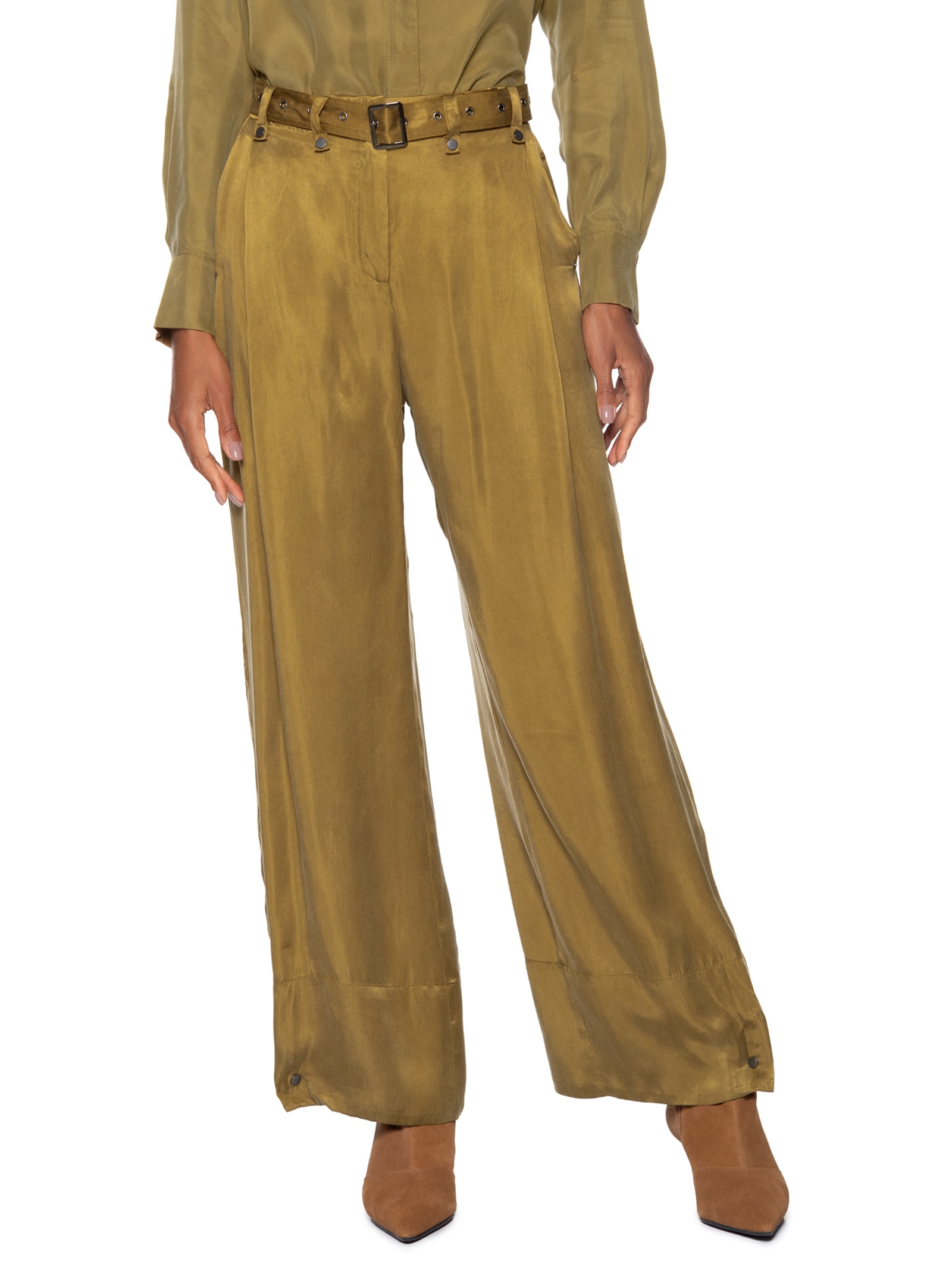 Calça Feminina Bolsos De Cupro Antique Com Cinto Em Ilhós Verde Animale