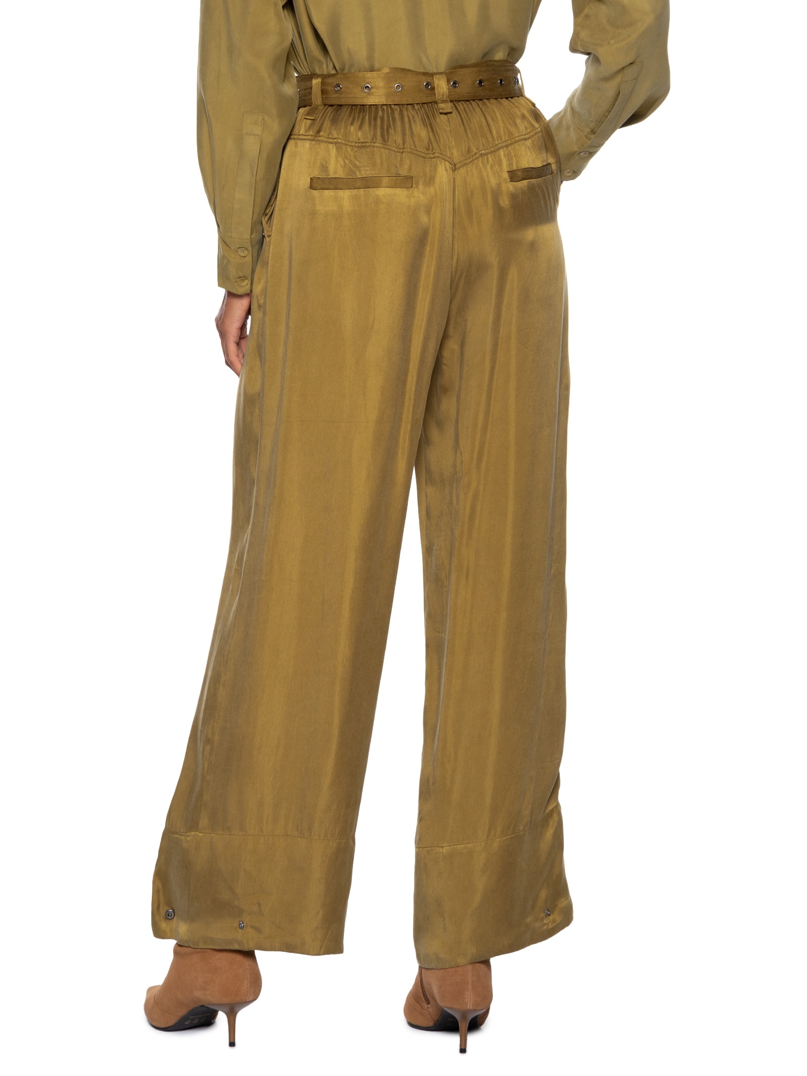 Calça Feminina Bolsos De Cupro Antique Com Cinto Em Ilhós Verde Animale