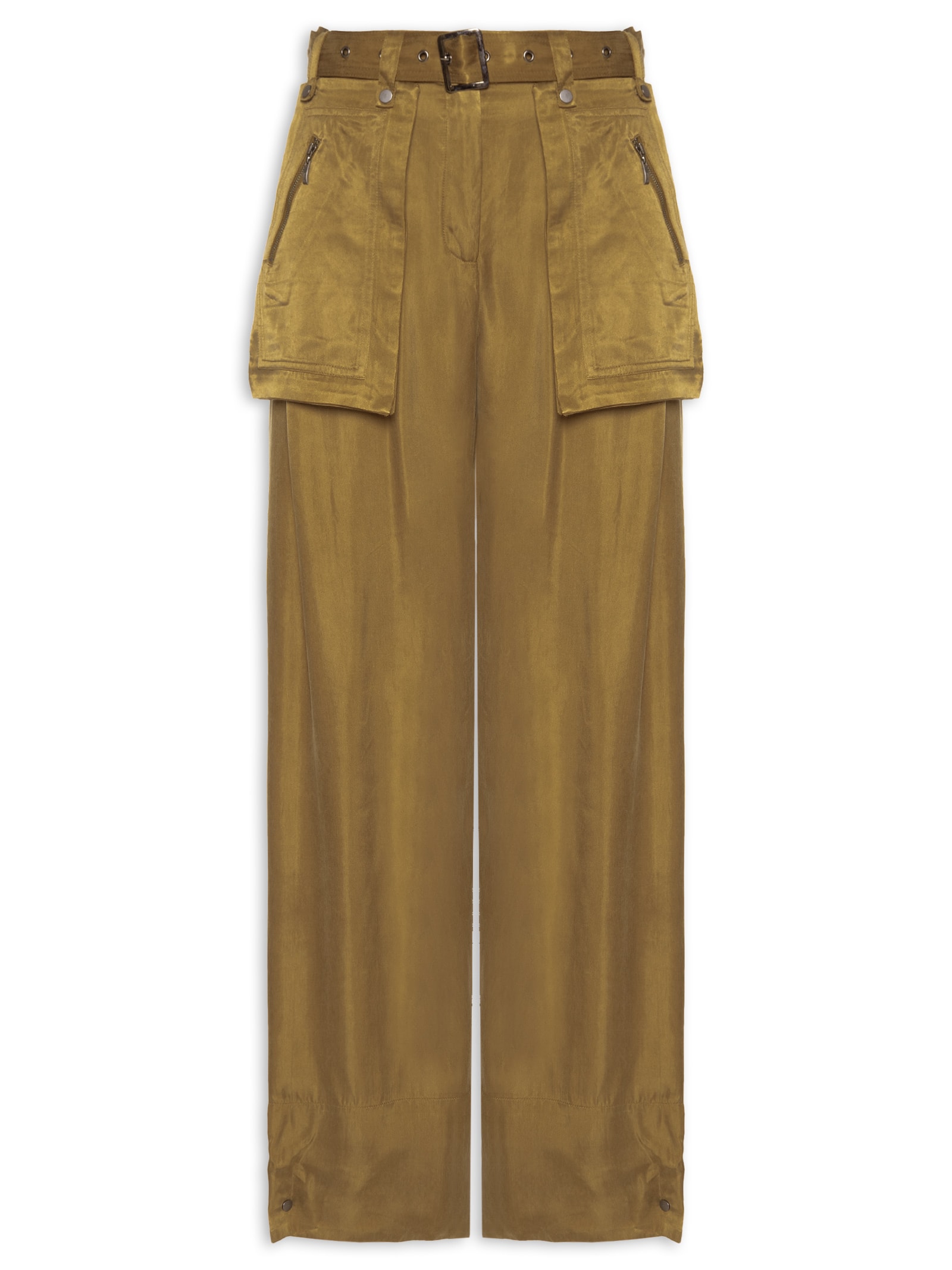 Calça Feminina Bolsos De Cupro Antique Com Cinto Em Ilhós Verde Animale