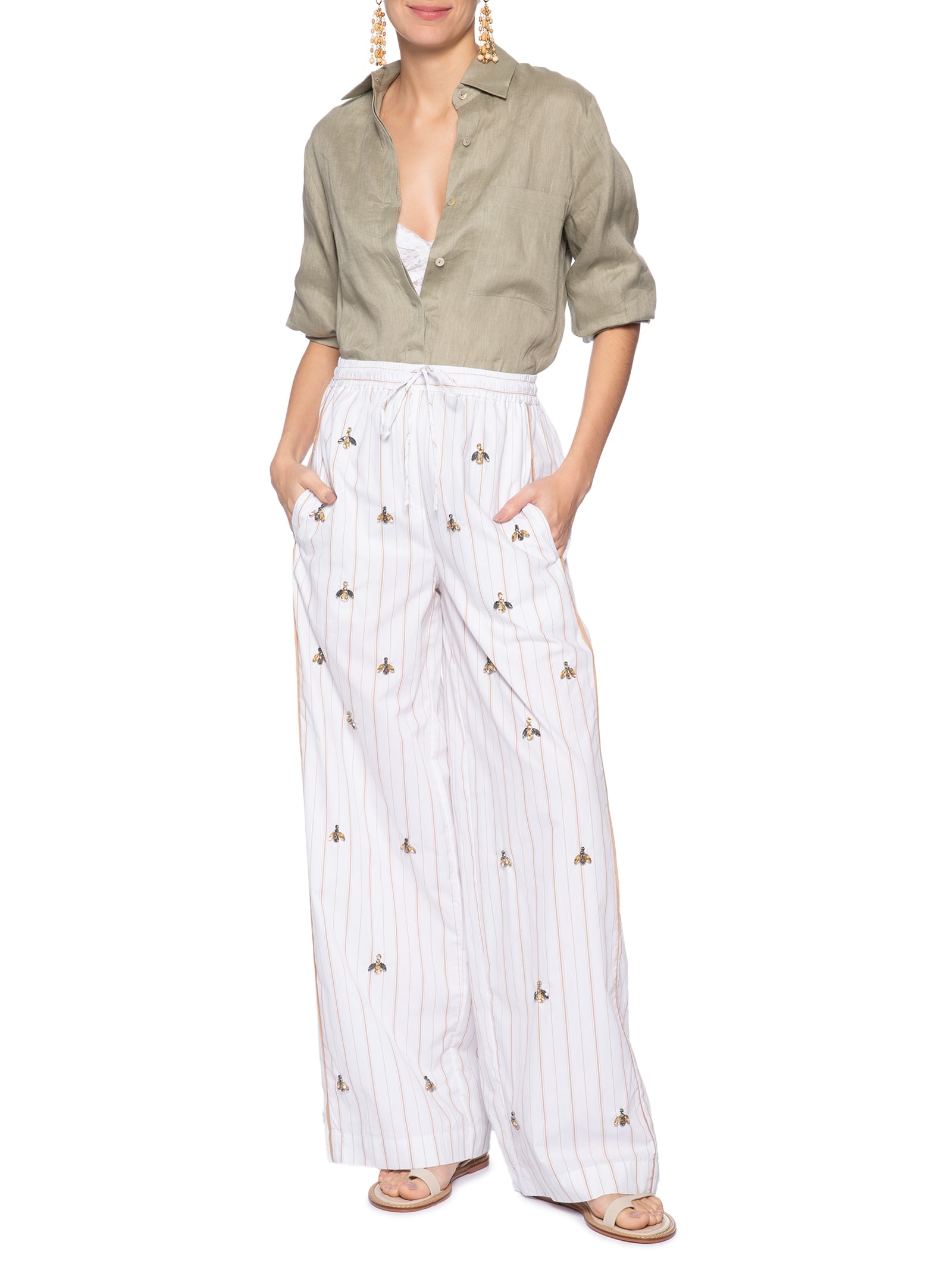 Calça Feminina Bordada Listra Mostarda – Branco Animale