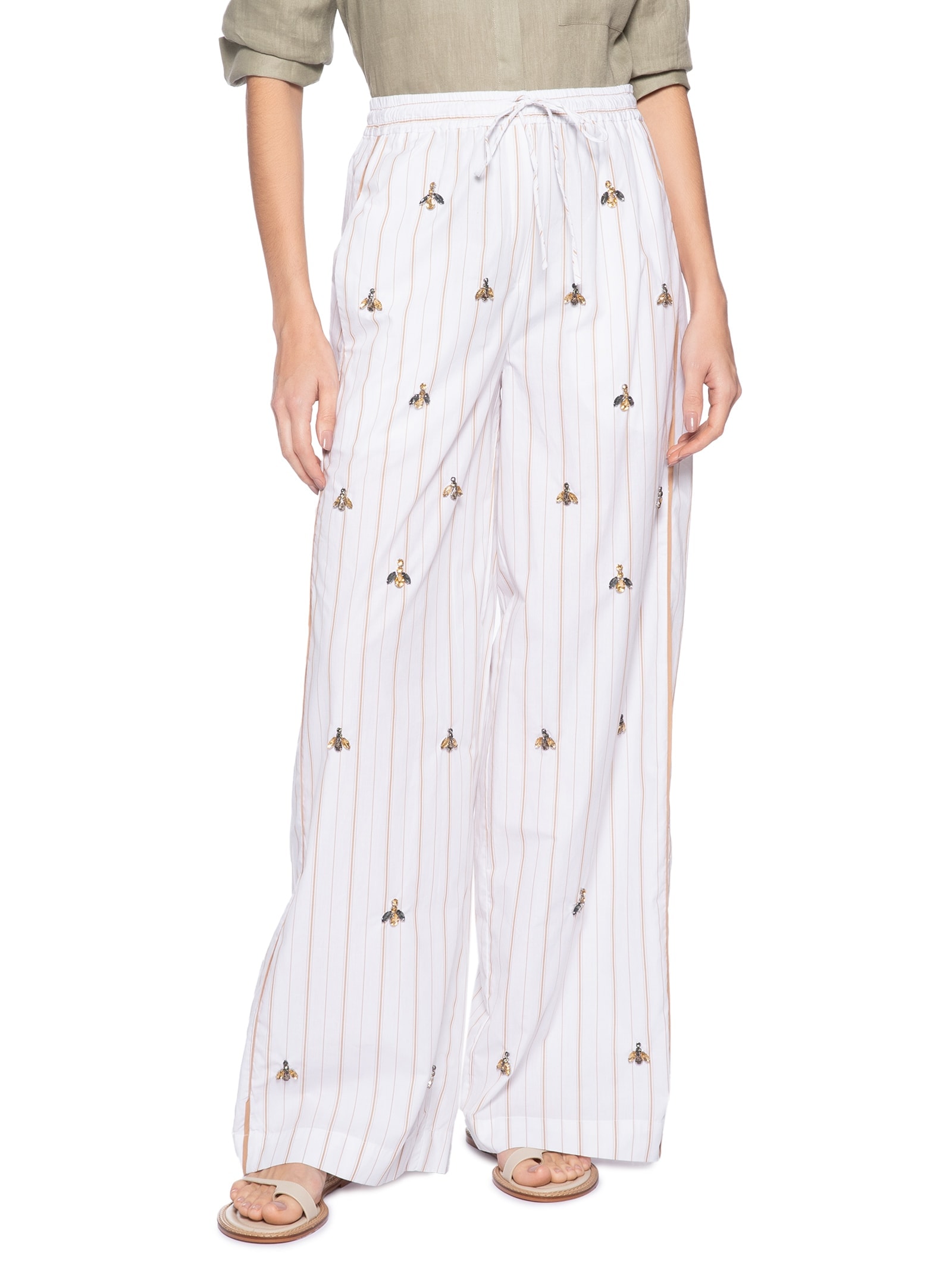 Calça Feminina Bordada Listra Mostarda – Branco Animale