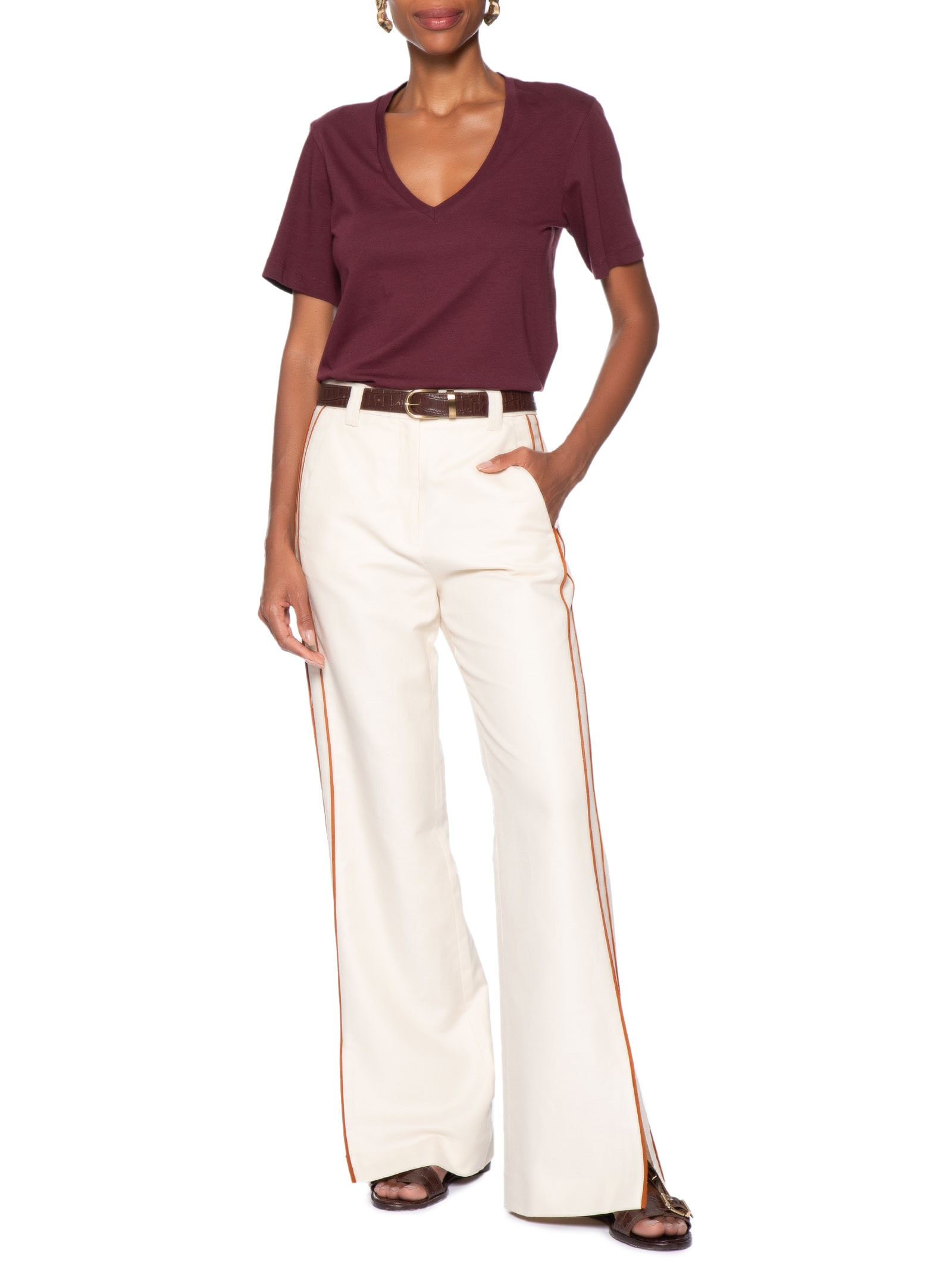 Calça Feminina Branco Nata Listra Caramelo Bege Animale