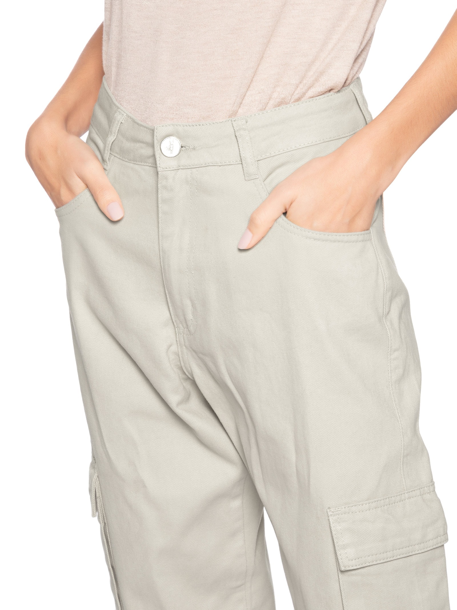 Calça Feminina Cargo De Sarja Bege Basiq