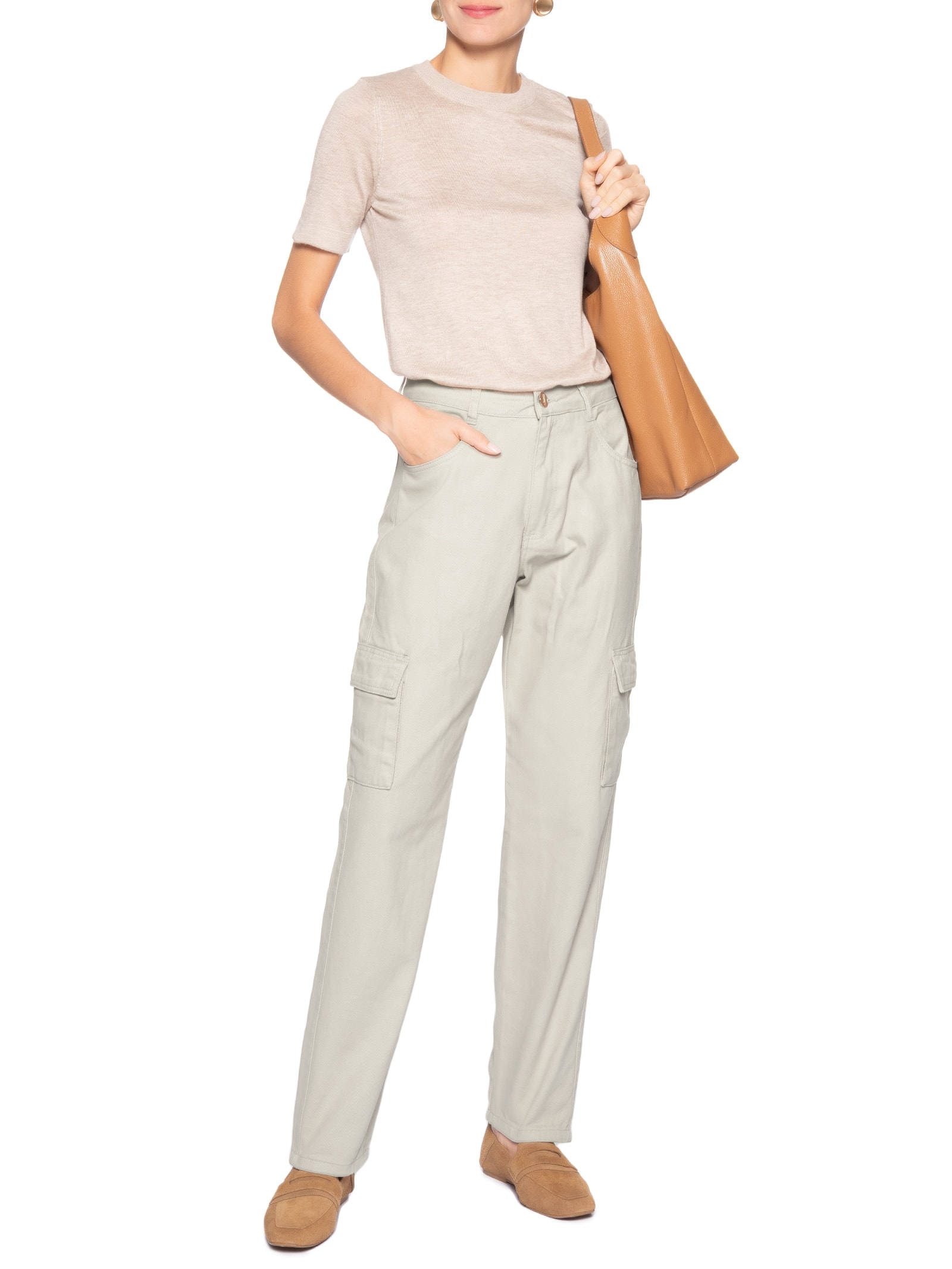 Calça Feminina Cargo De Sarja Bege Basiq